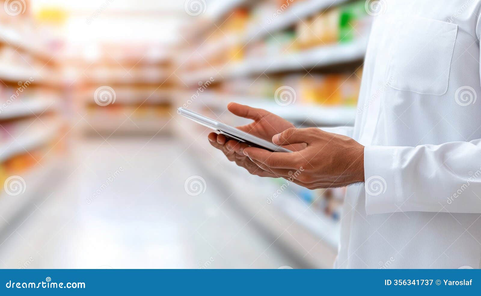 customer using a digital tablet, possibly scanning items at a self-checkout station in a modern supermarket, shelves