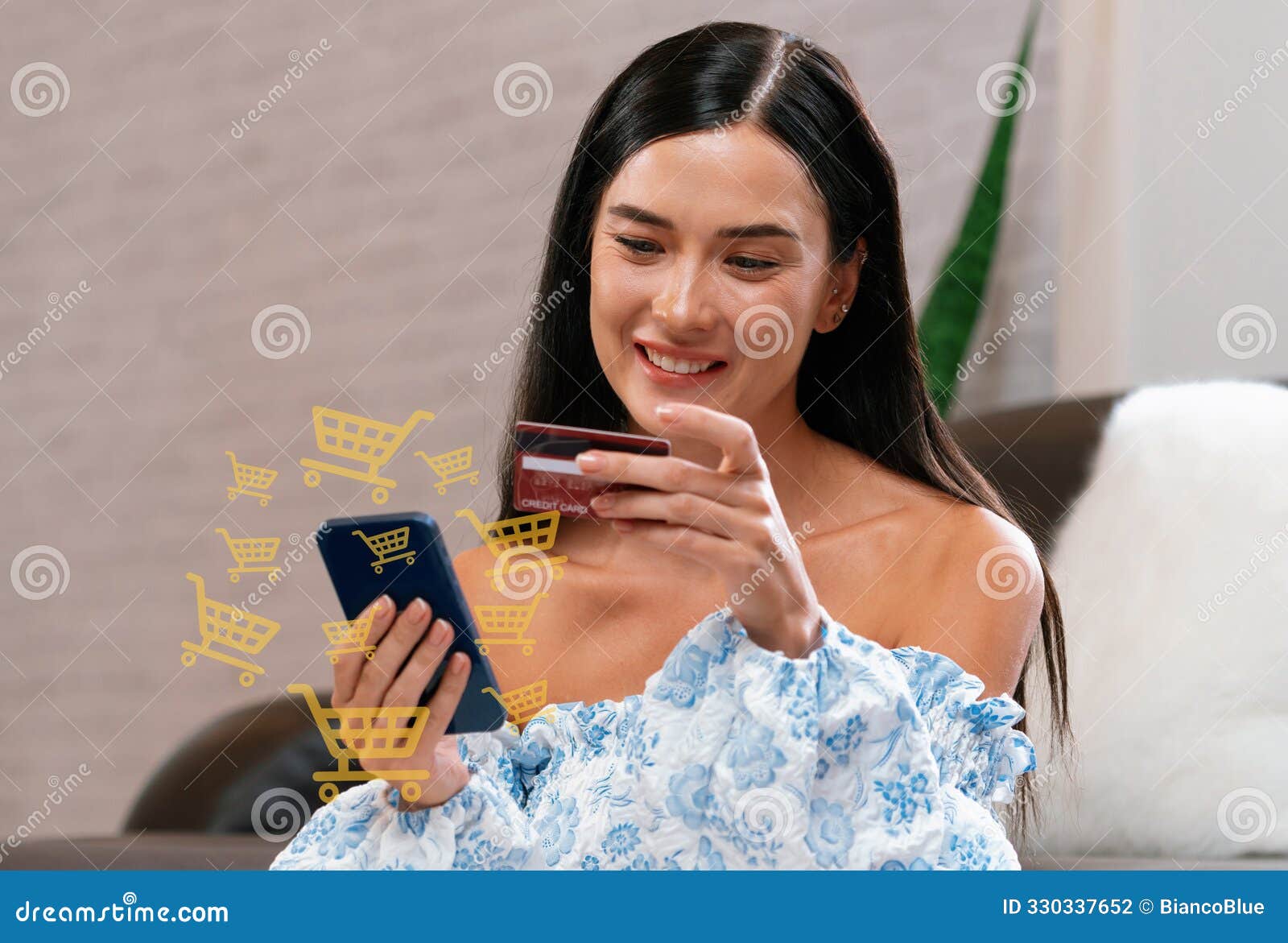 customer wear blue dress control device open e-commerce application. cybercash.