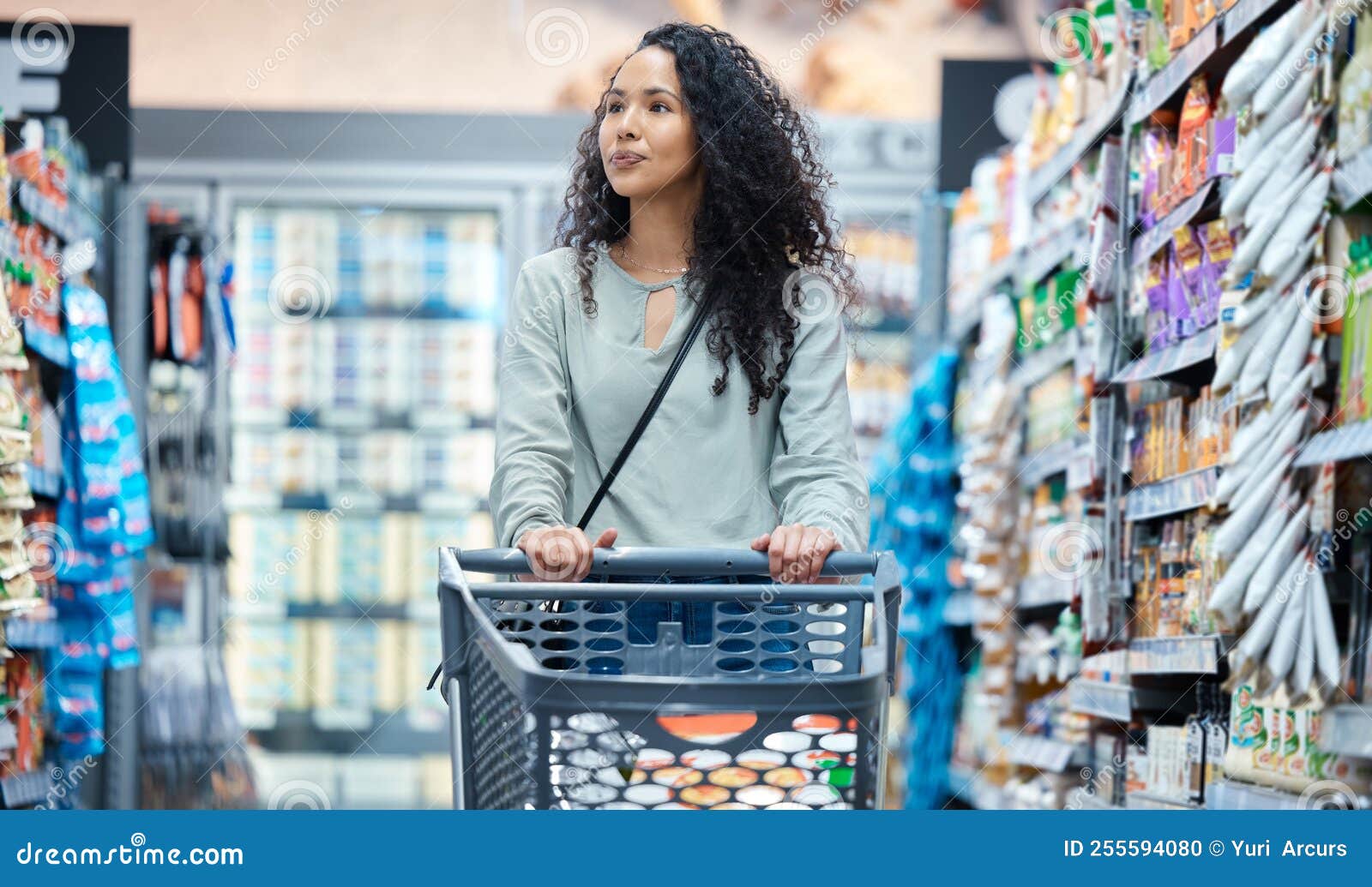 Customer, Woman and Consumer Grocery Shopping Cart in Supermarket Store ...