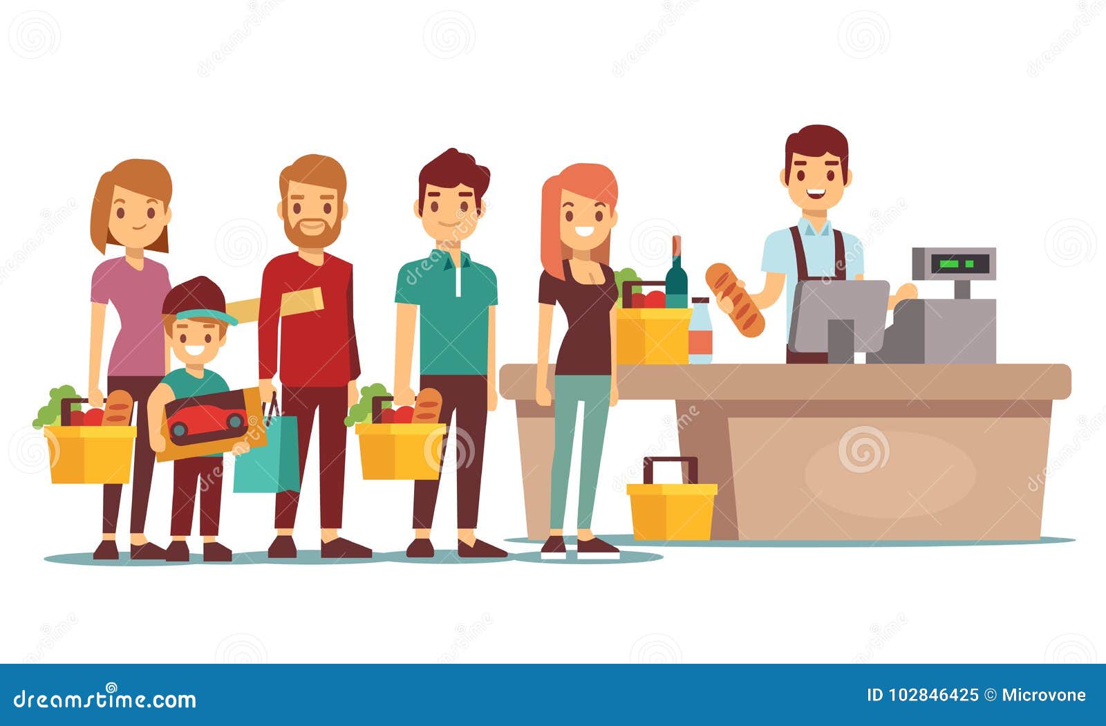 customers people queue at cash desk with cashier in supermarket. shopping  concept