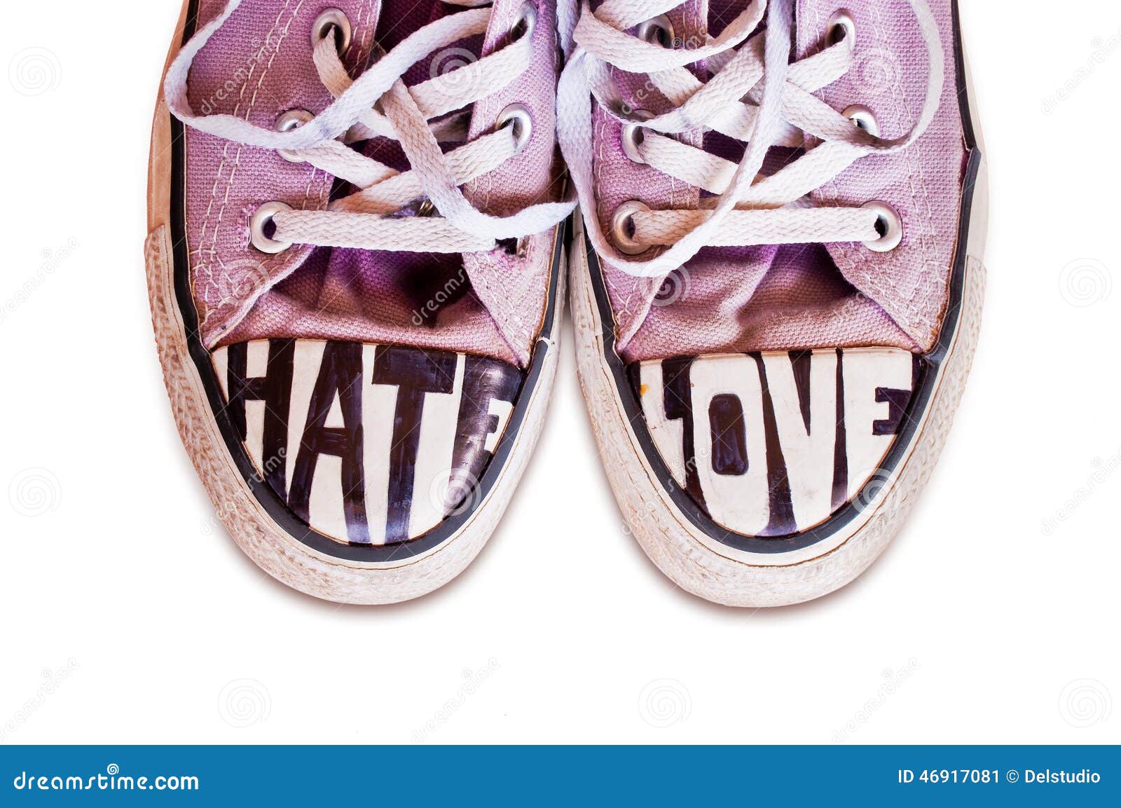 customized used pink sneakers with words hate and love