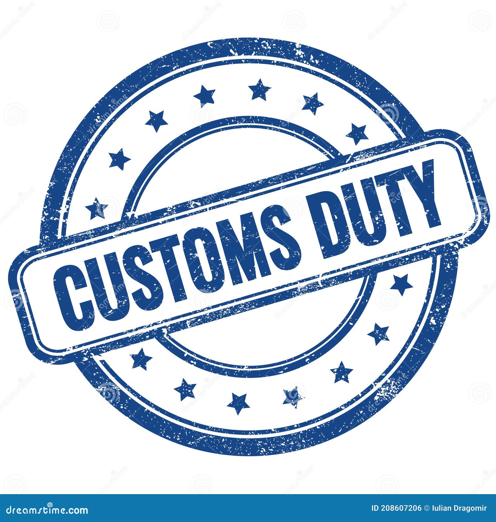 CUSTOMS DUTY Text on Blue Grungy Round Rubber Stamp Stock Illustration