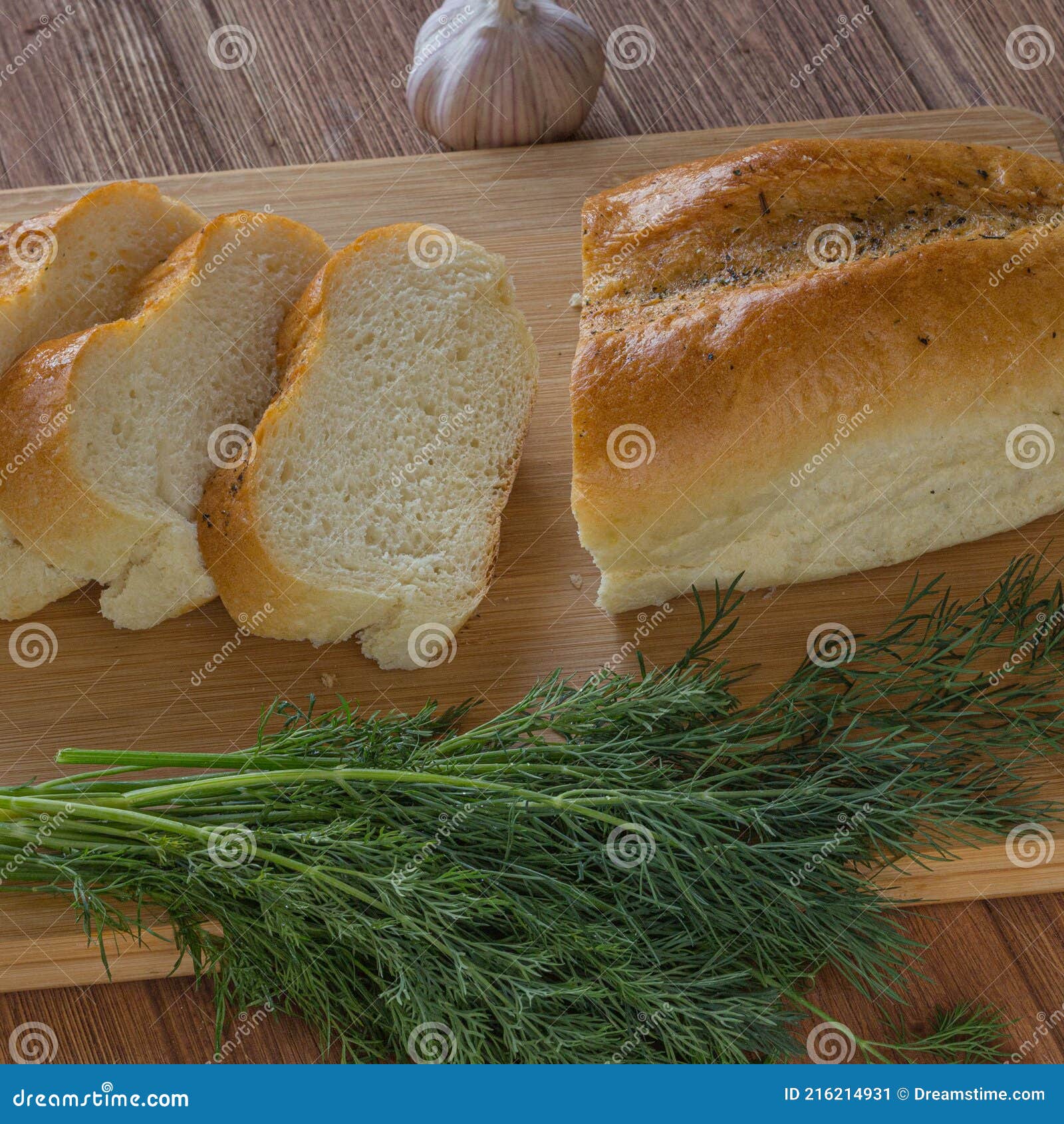 Cut Bread Greens and Garlic Wooden Table Stock Image Image of baked