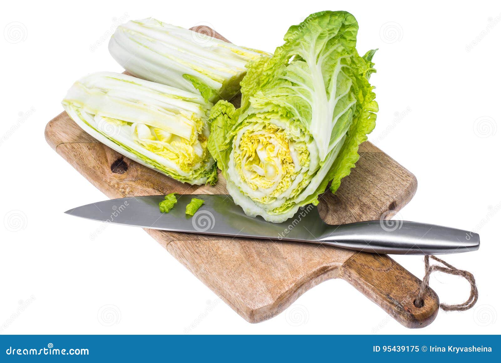 Cut Cabbage of Chinese Cabbage on Kitchen Wooden Cutting Board Stock