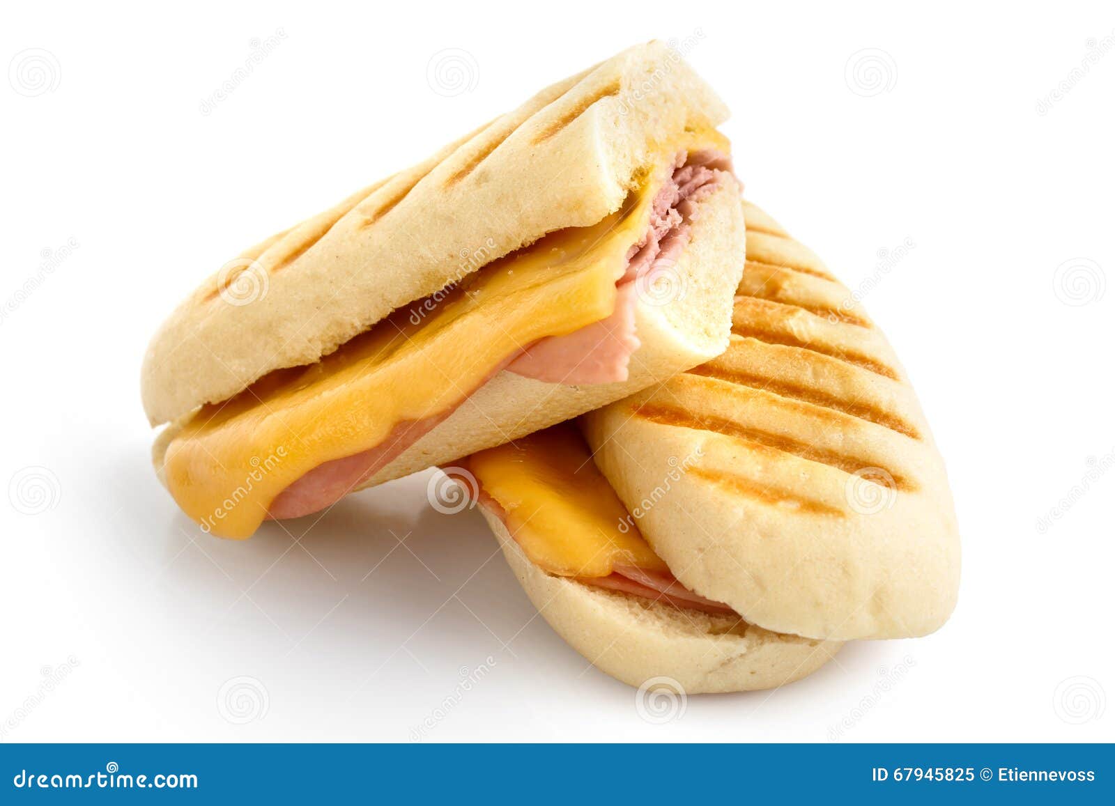 Cut Cheese and Ham Toasted Panini Melt. Isolated on White. Stock Image
