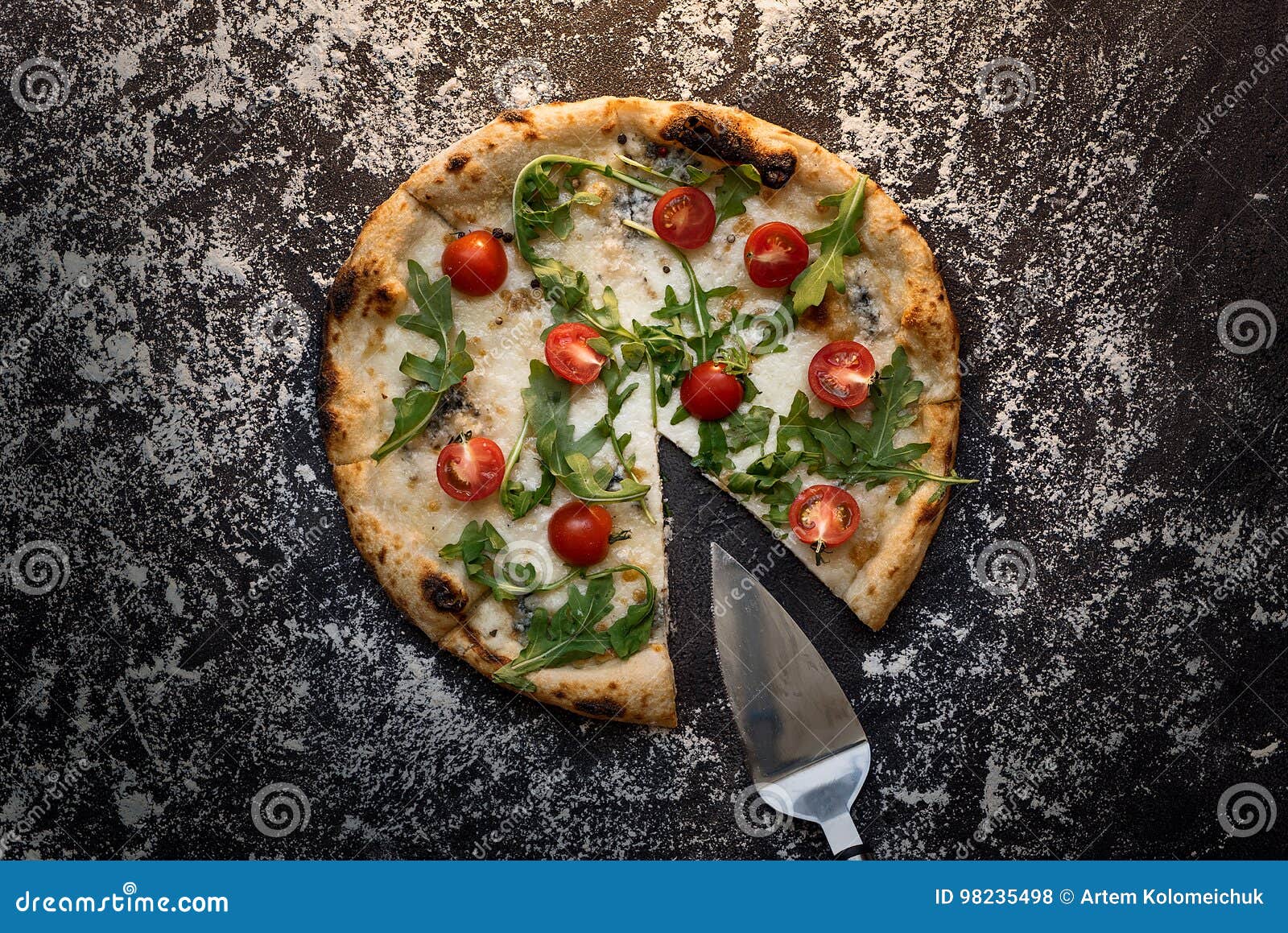 Cut Cheese Pizza with Shovel Flour on Dark Concrete Background Top View ...