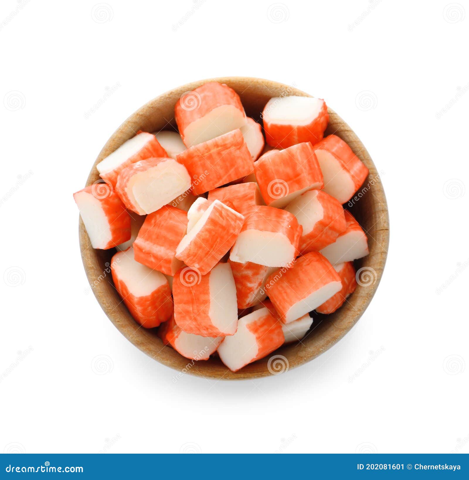 Cut Crab Sticks in Bowl on White Background, Top View Stock Image