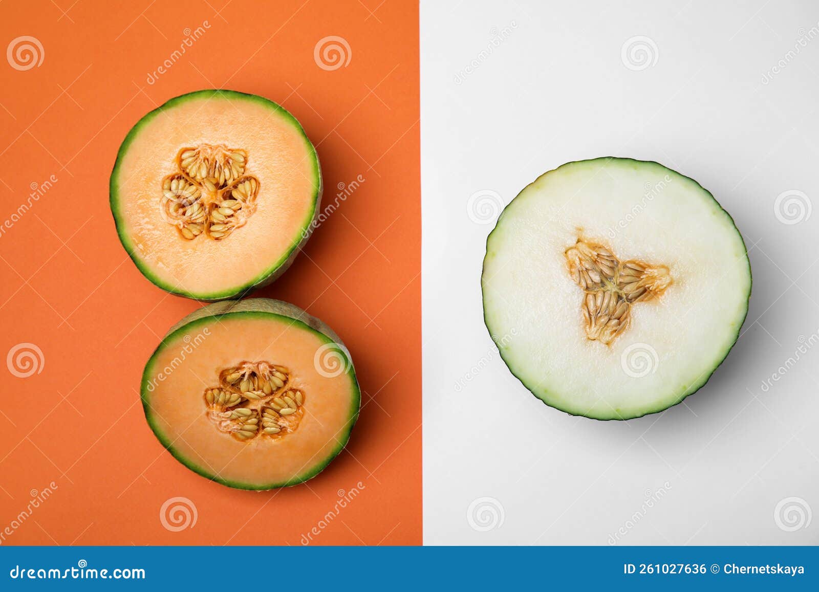 Cut Different Types of Melons on Color Background, Flat Lay Stock Photo