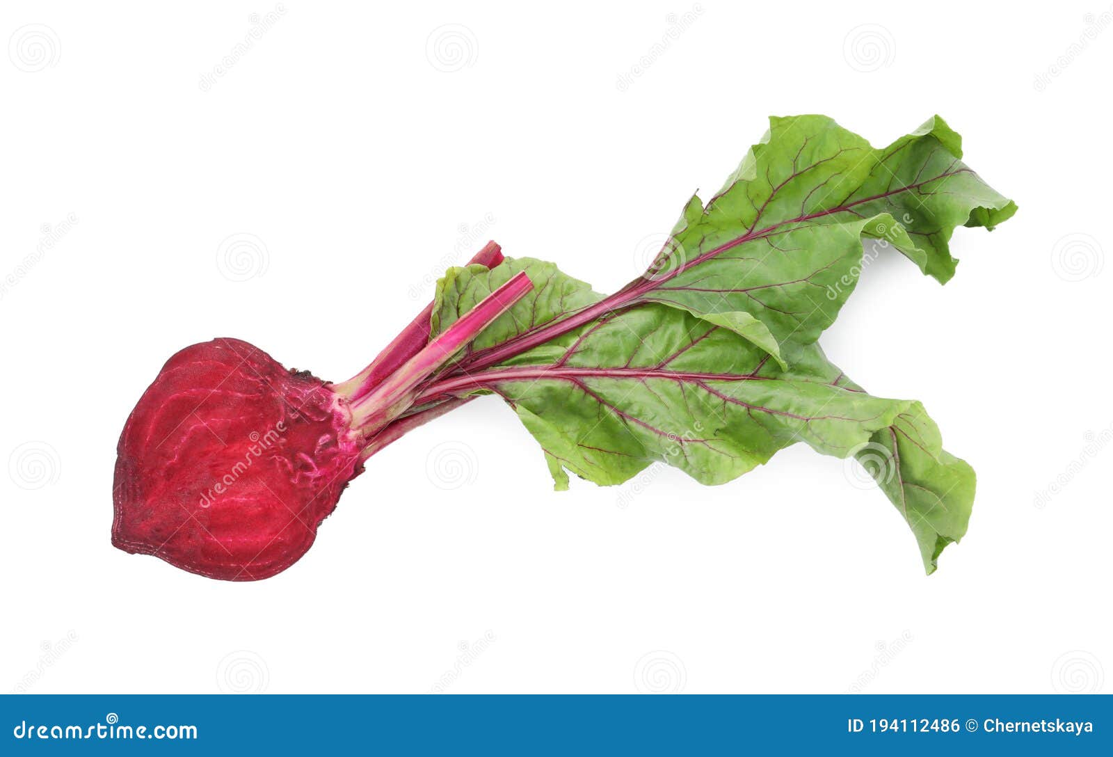 Cut Fresh Red Beet with Leaves on Background, Top View Stock Photo