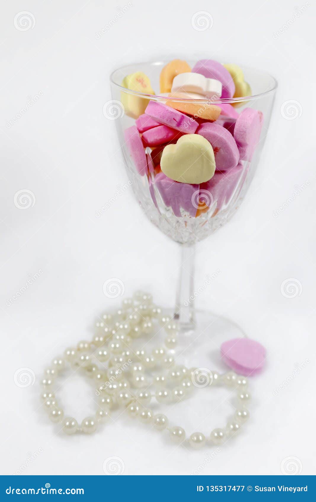 Cut Glass Wine Glass Filled with Pastel Candy Hearts with String of