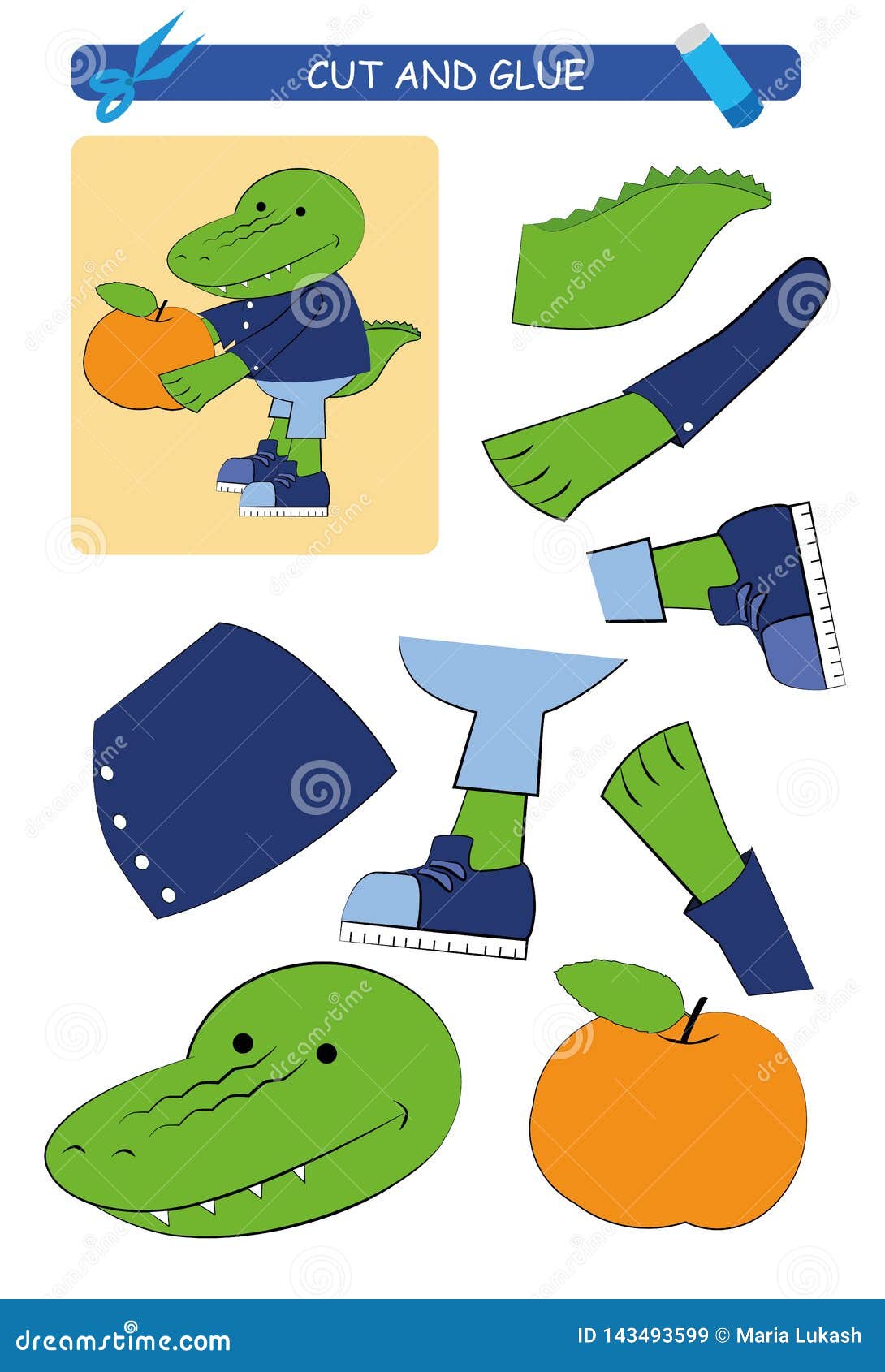 Cut and Glue Worksheet: Crocodile. Educational Game for Kids Stock