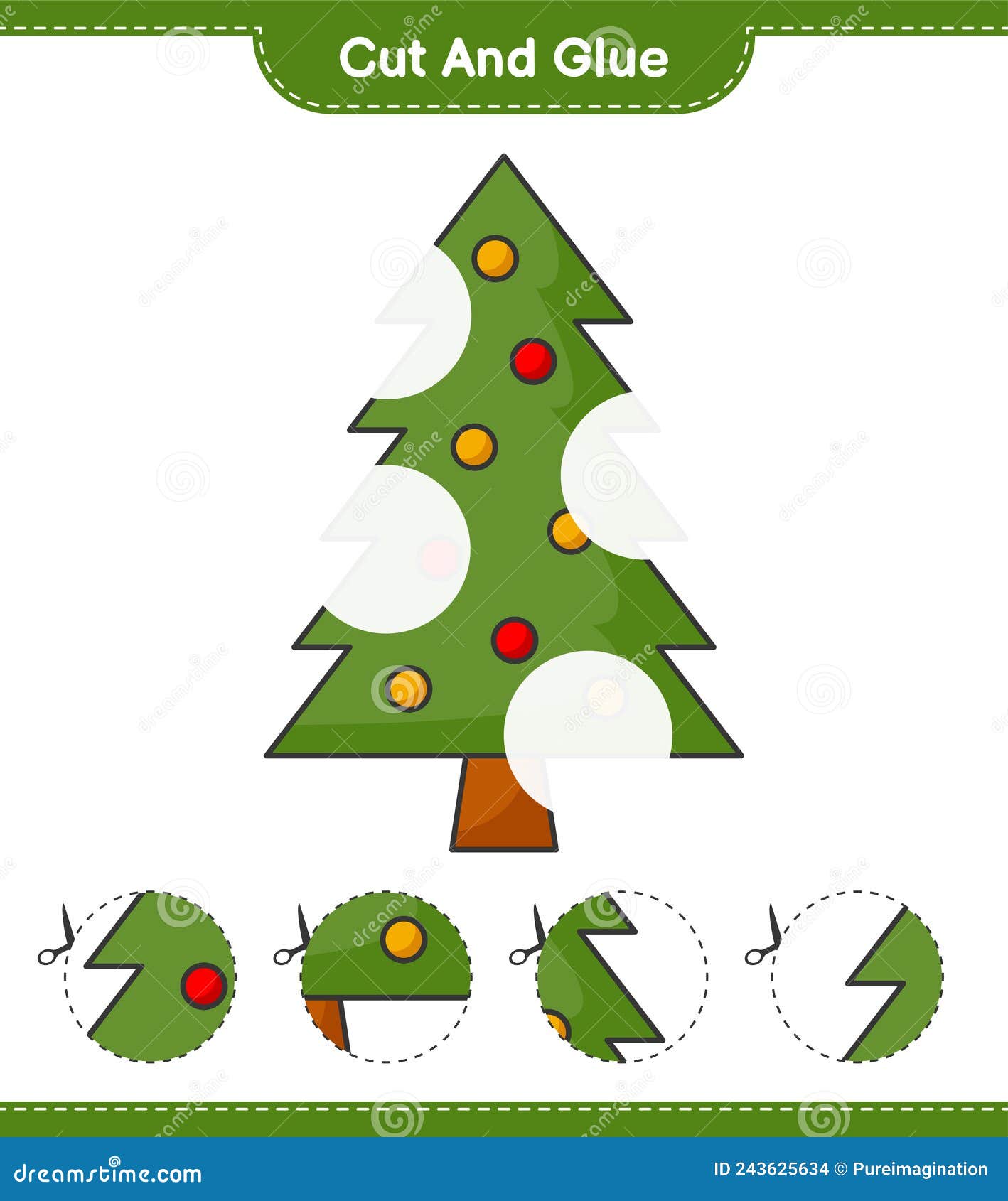 Cut and Glue, Cut Parts of Christmas Tree and Glue Them. Educational