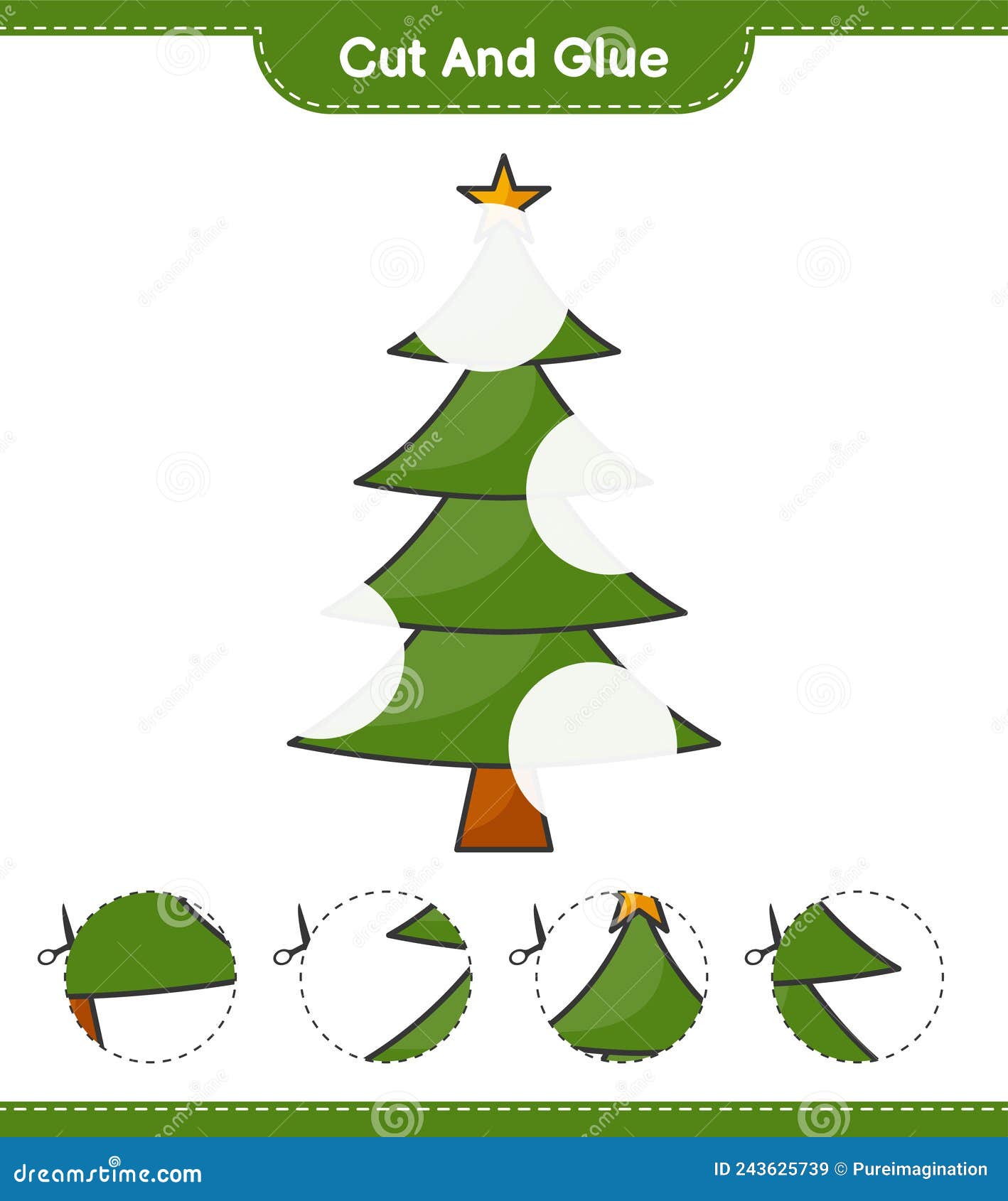 Cut and Glue, Cut Parts of Christmas Tree and Glue Them. Educational
