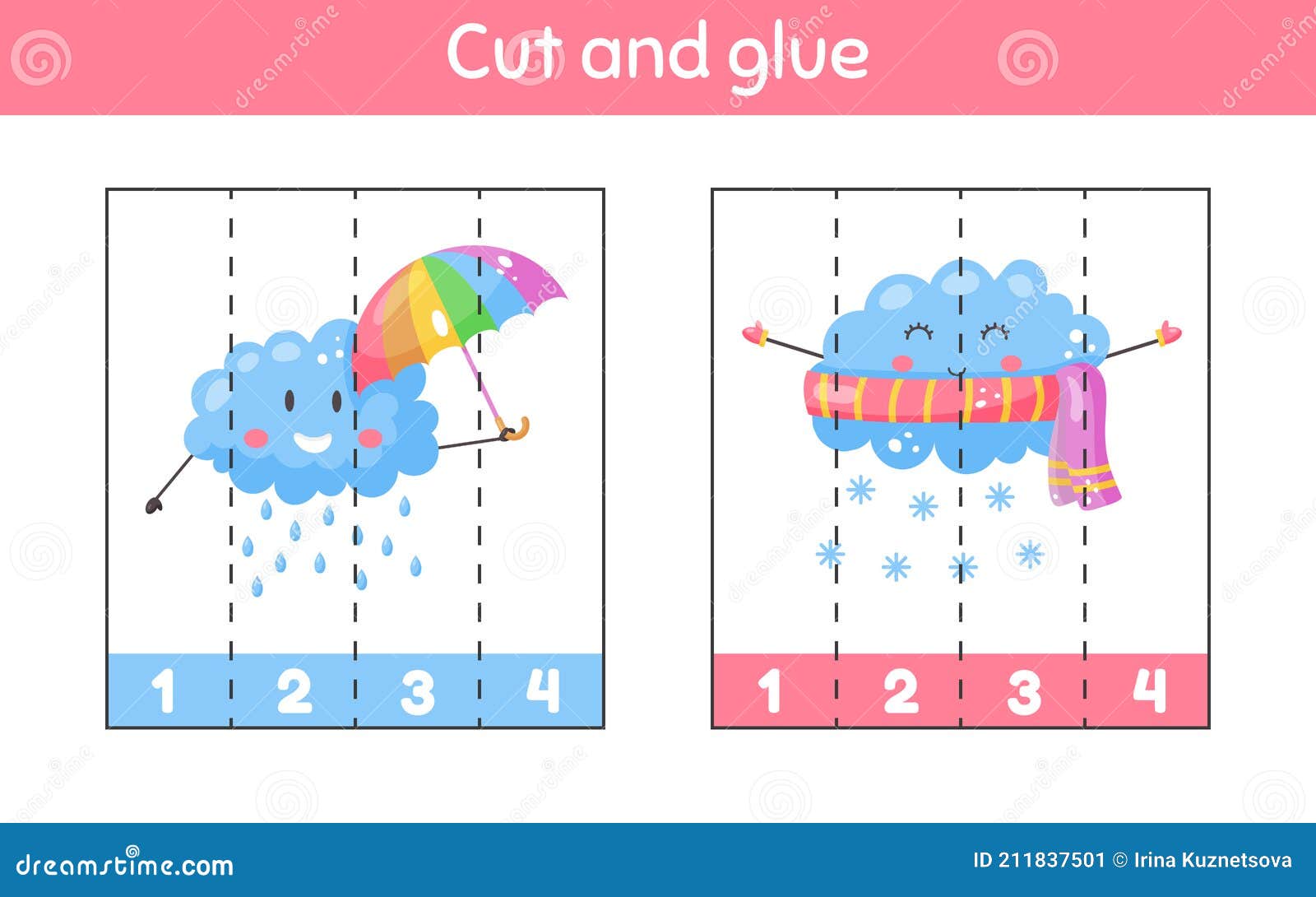 cut and glue learning numbers worksheet for kids kindergarten preschool and school age cute weather rain snow stock vector illustration of education mathematics 211837501