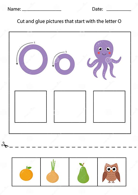 Letter Recognition for Kids. Cut and Glue. Letter O. Stock Vector