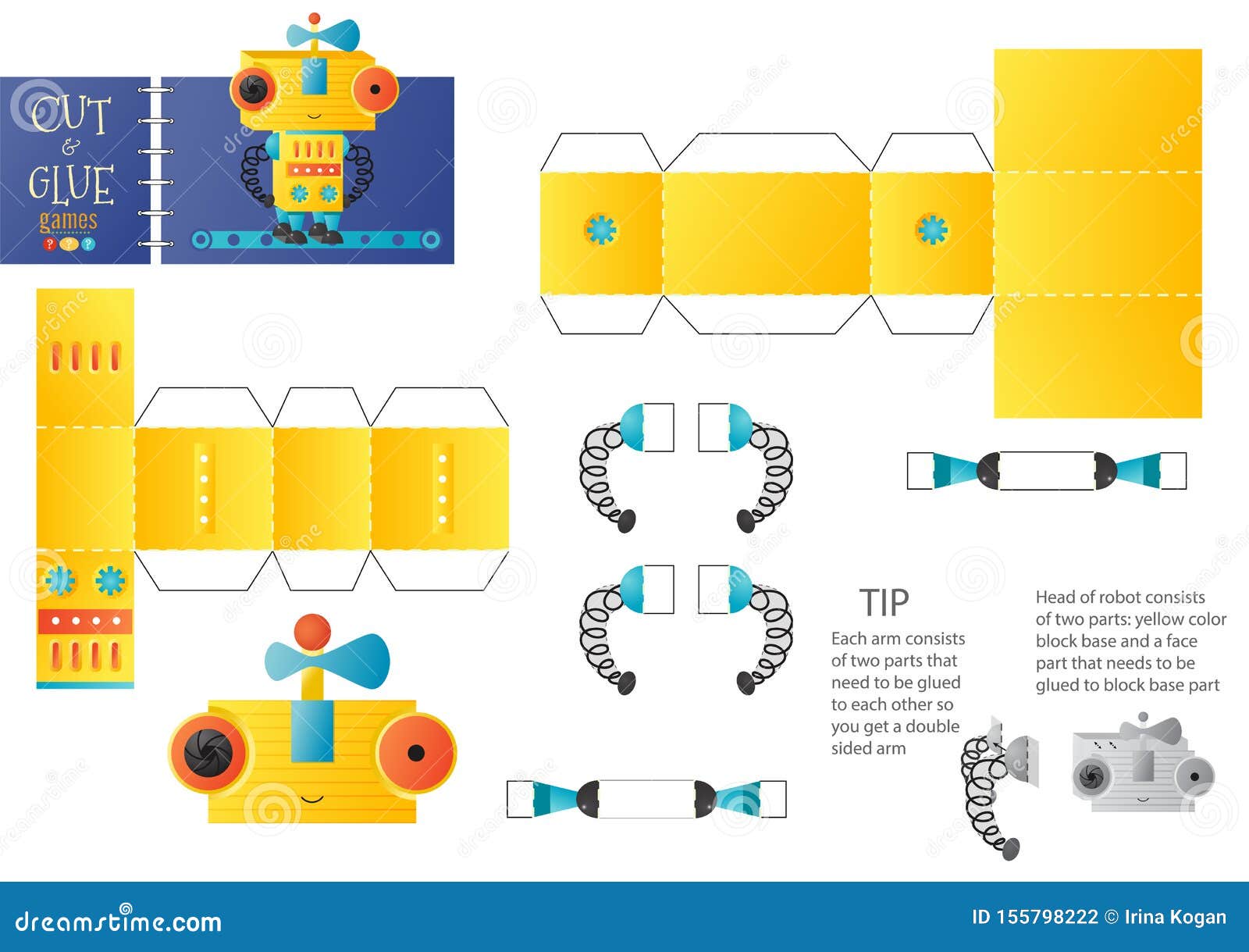 Cut and Glue Robot Toy Vector Illustration, Worksheet. Paper Craft and ...