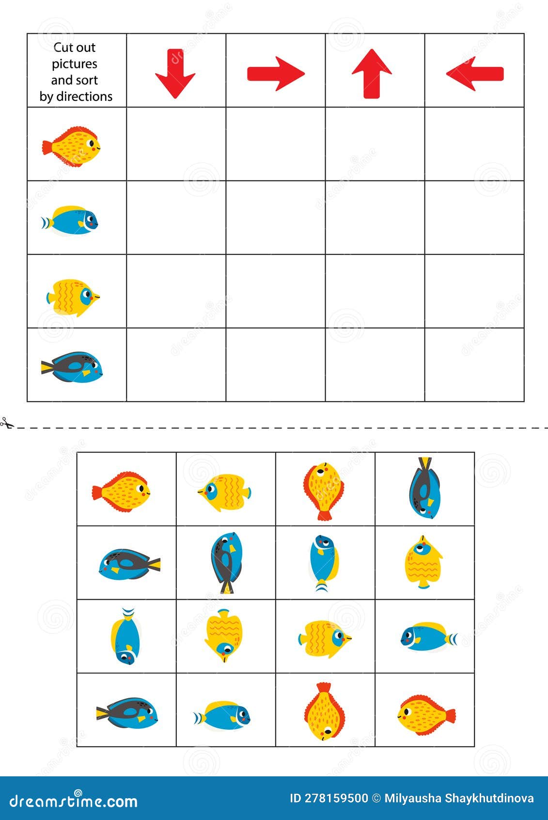 Cut and Glue Sea Animals Cards. Left, Right, Up, Down Stock Vector
