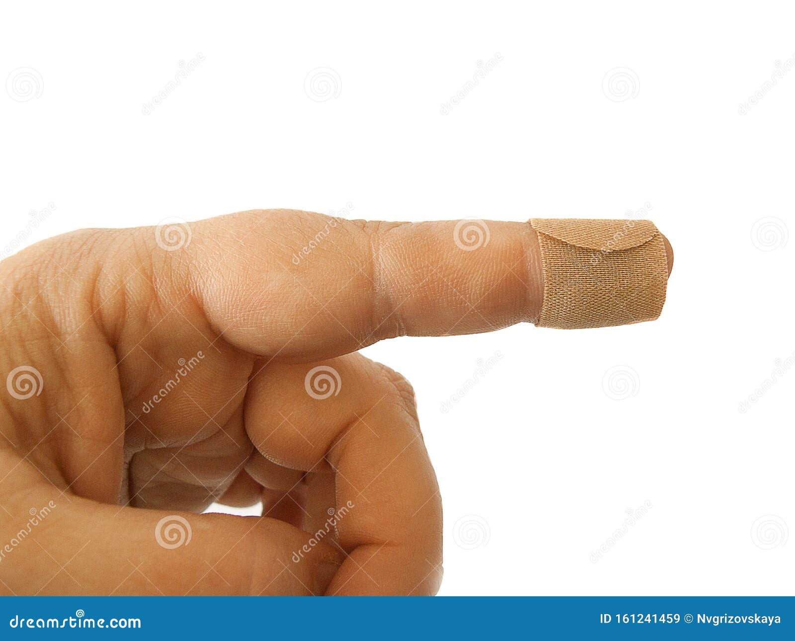 cut index finger glued with adhesive plaster. insulate
