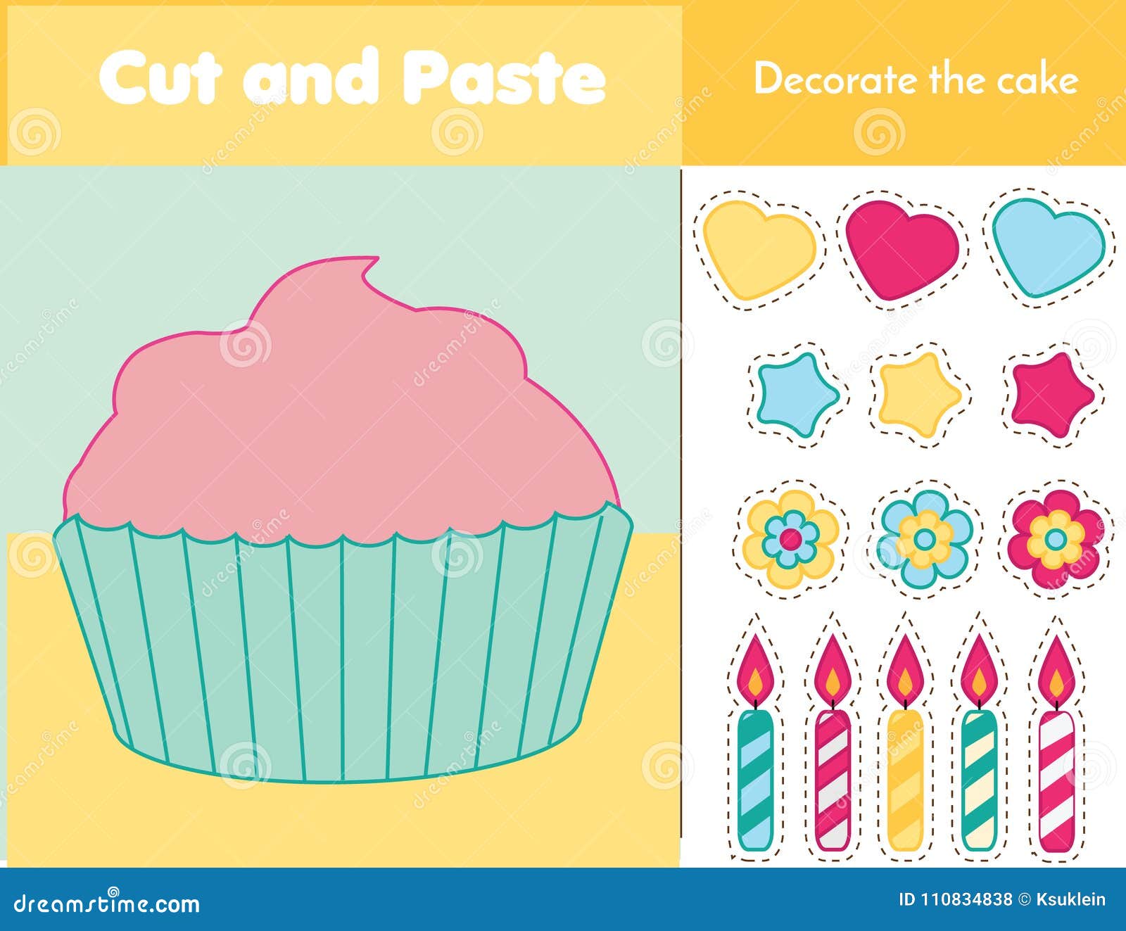 cut and paste children educational game. paper cutting activity. decorate a cupcake with glue and scissors. stickers game for todd