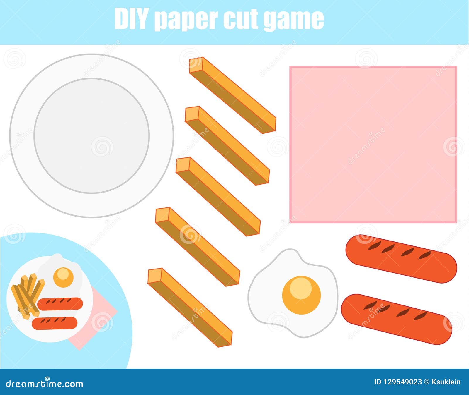 Cut and Paste Children Educational Game. Paper Cutting Activity. Make a