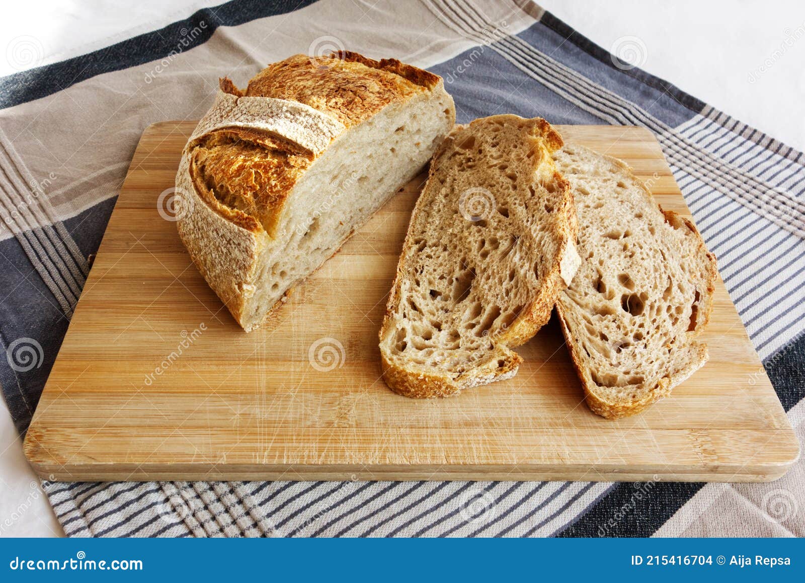 cut slices of sourdough bread loaf on a wooden board