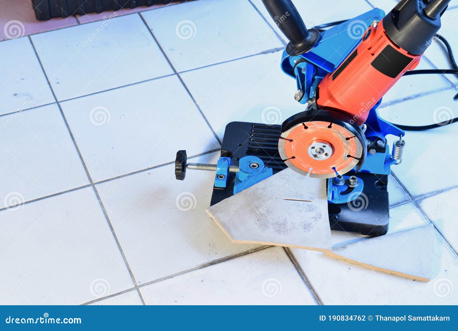 Cut a Tile by Angle Grinder with Circular Saw Blade Stock Photo Image