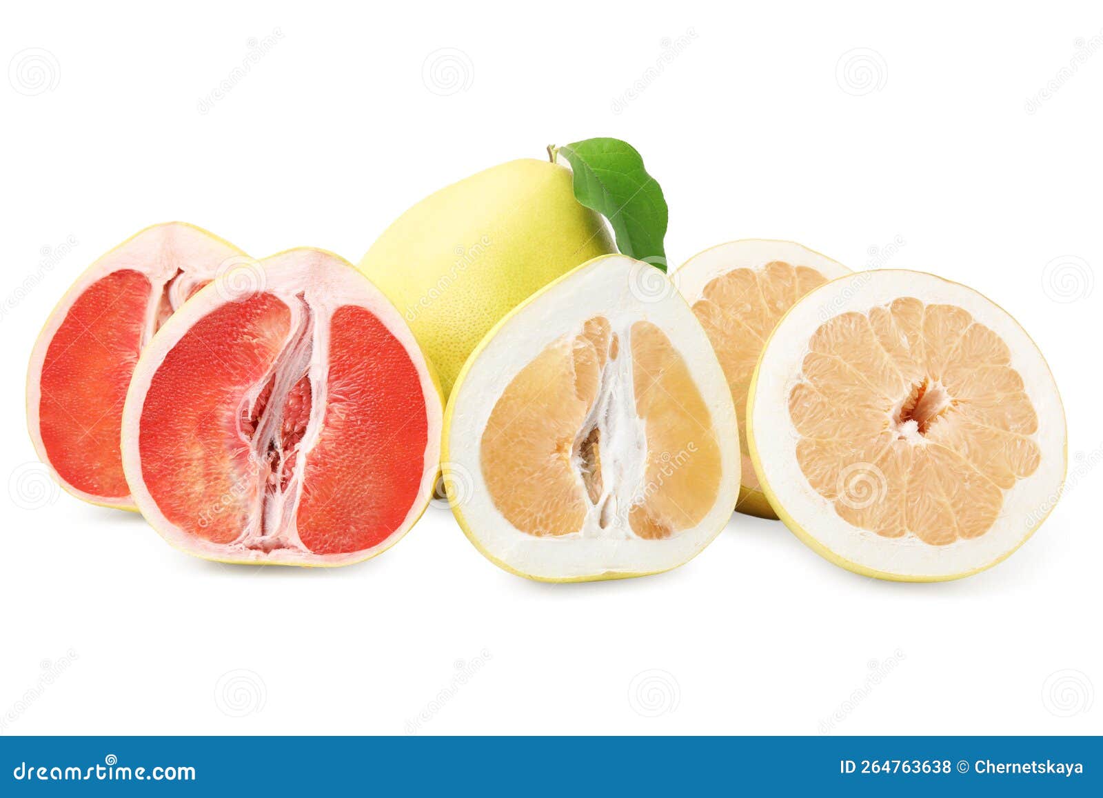 Cut and Whole Fresh Pomelo Fruits on White Background Stock Photo