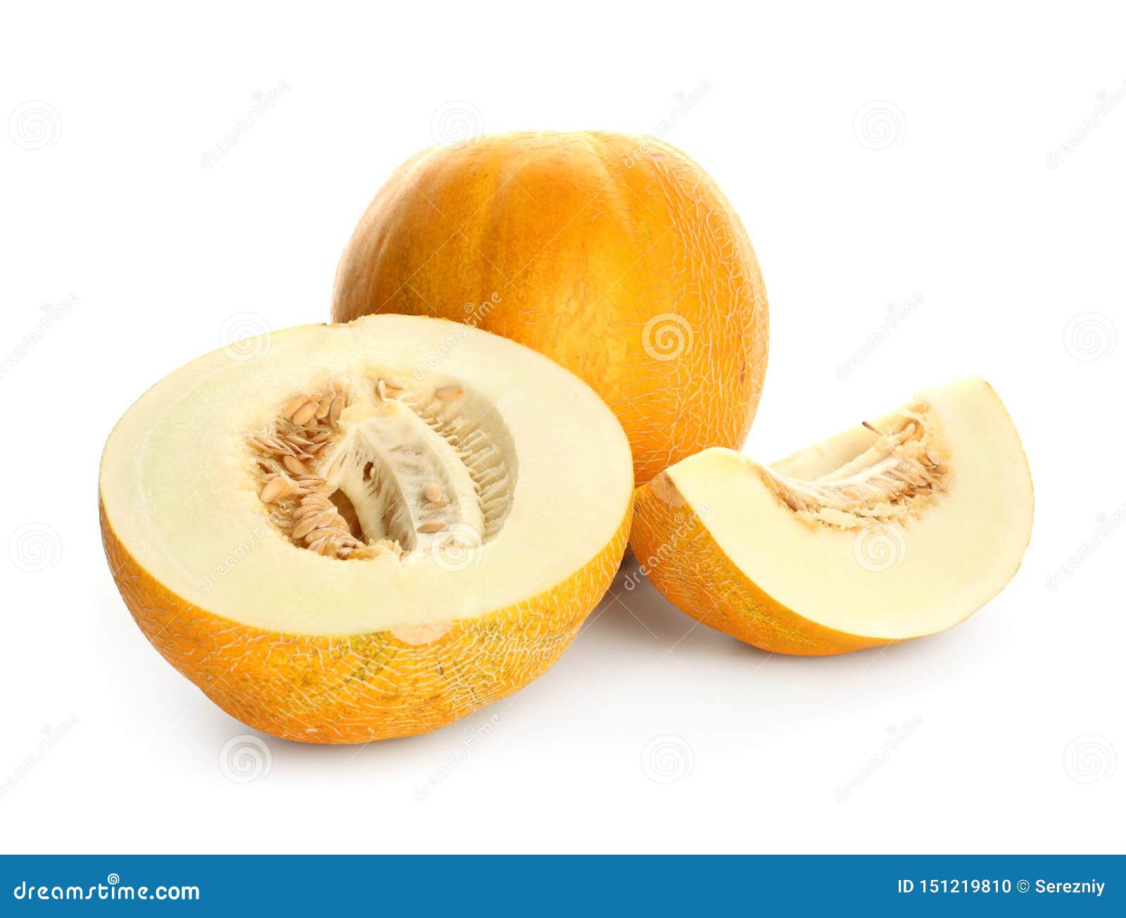 Cut and Whole Ripe Sweet Melons on White Background Stock Photo Image
