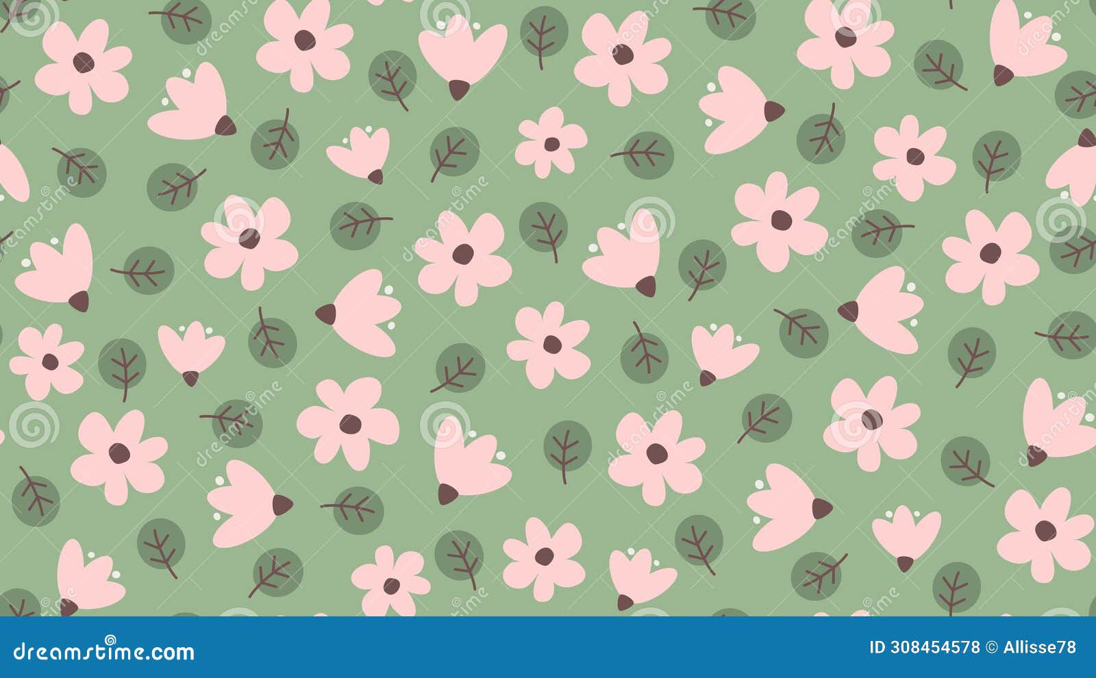 seamless  pattern background  with pink daisy flowers and green rounded leaves