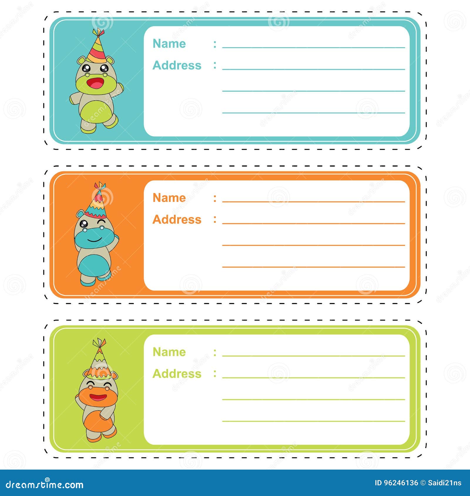 Cute Address Label with Cartoon of Cute Baby Hippos on Colorful