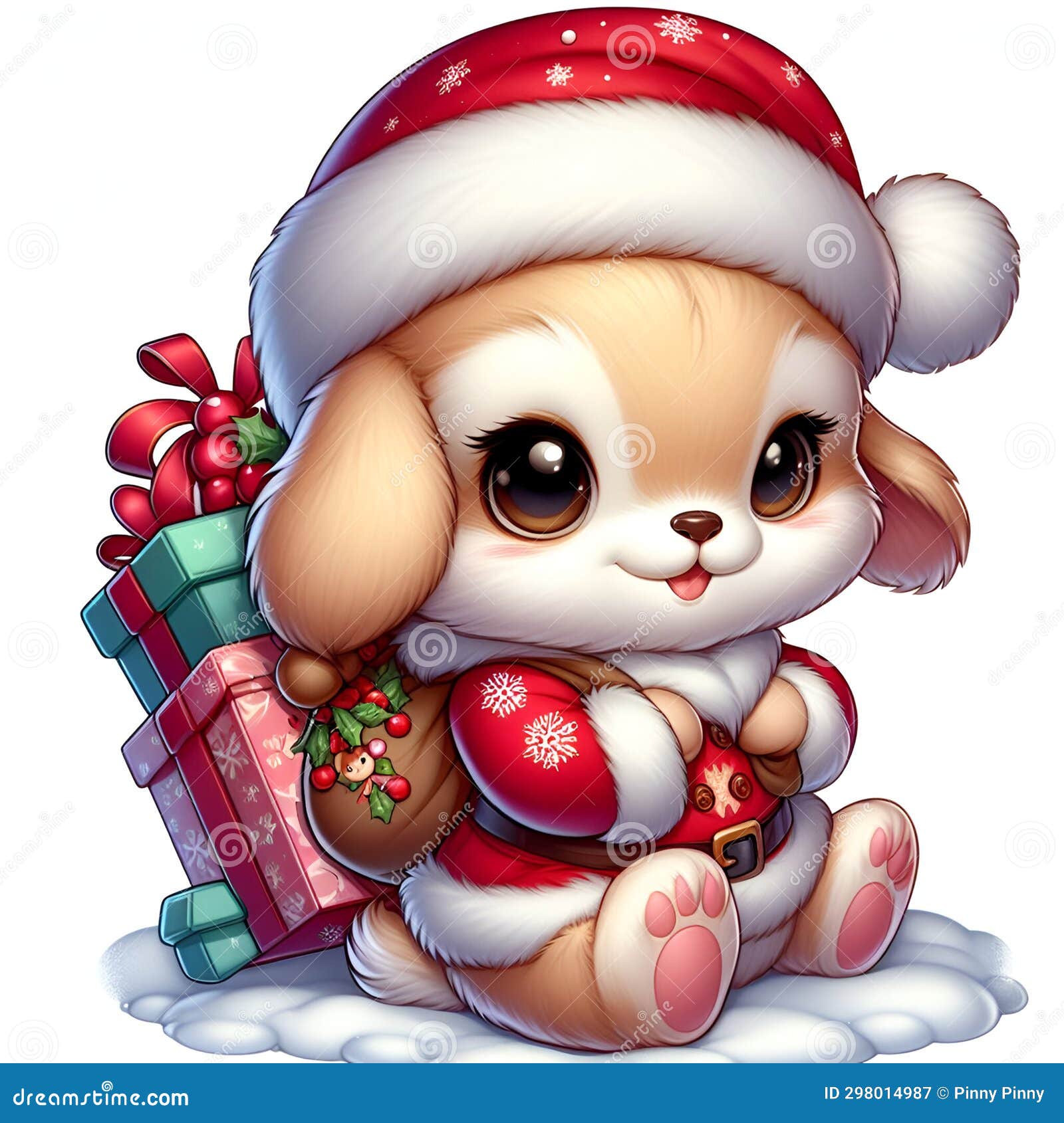a cute and adorable baby donkey dressed in holiday attire with santa hat, bring the christmas presents on its back, snow, cartoon