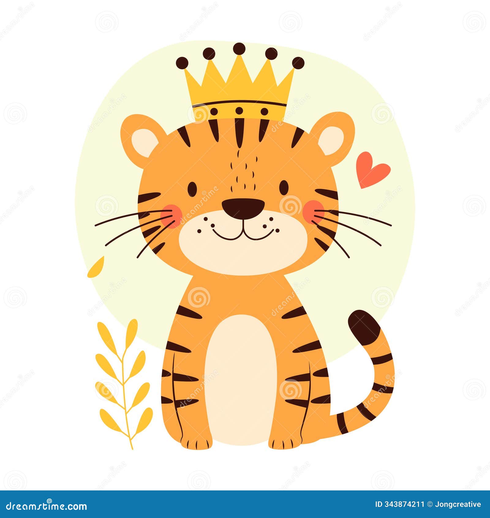 cute adorable baby tiger animal cartoon character wearing king crown with happy expression