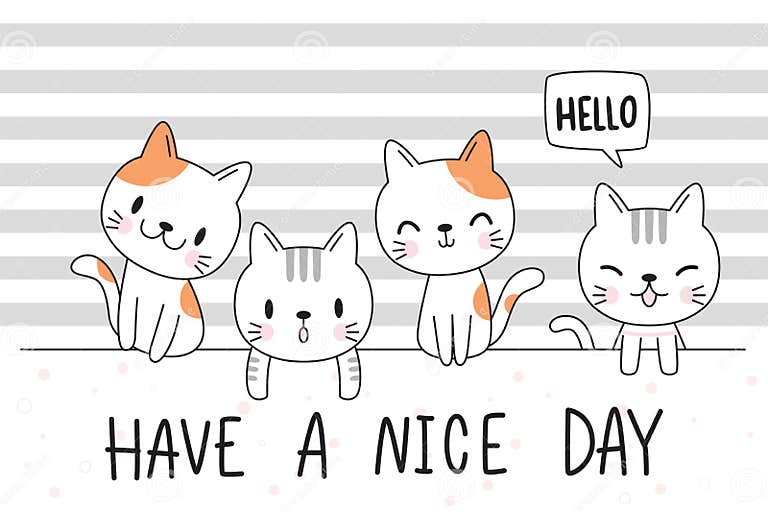 Cute Adorable Hand Drawn Baby Cat Kitten Family Greeting Cartoon Doodle ...