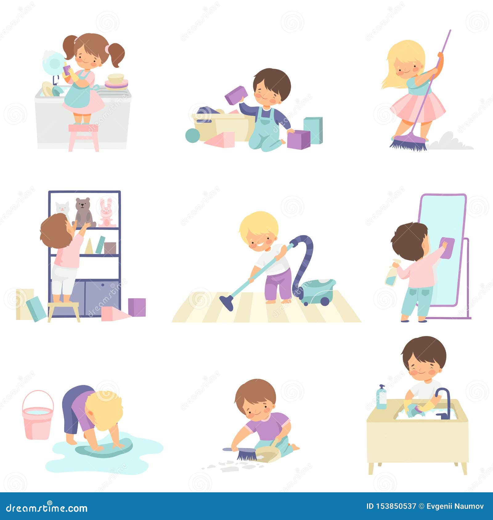 cute adorable kids doing housework chores at home set, cute little boys and girls washing floor, dishes, cleaning up