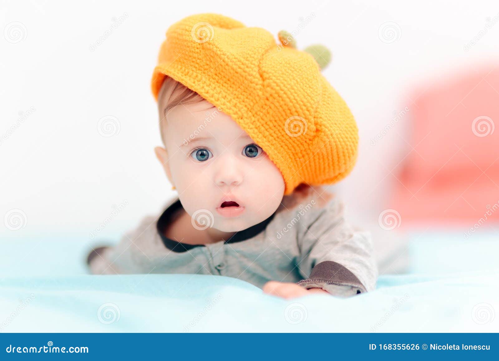 Funny Baby Girl Wearing Knitted Pumpkin Hat Stock Photo - Image of