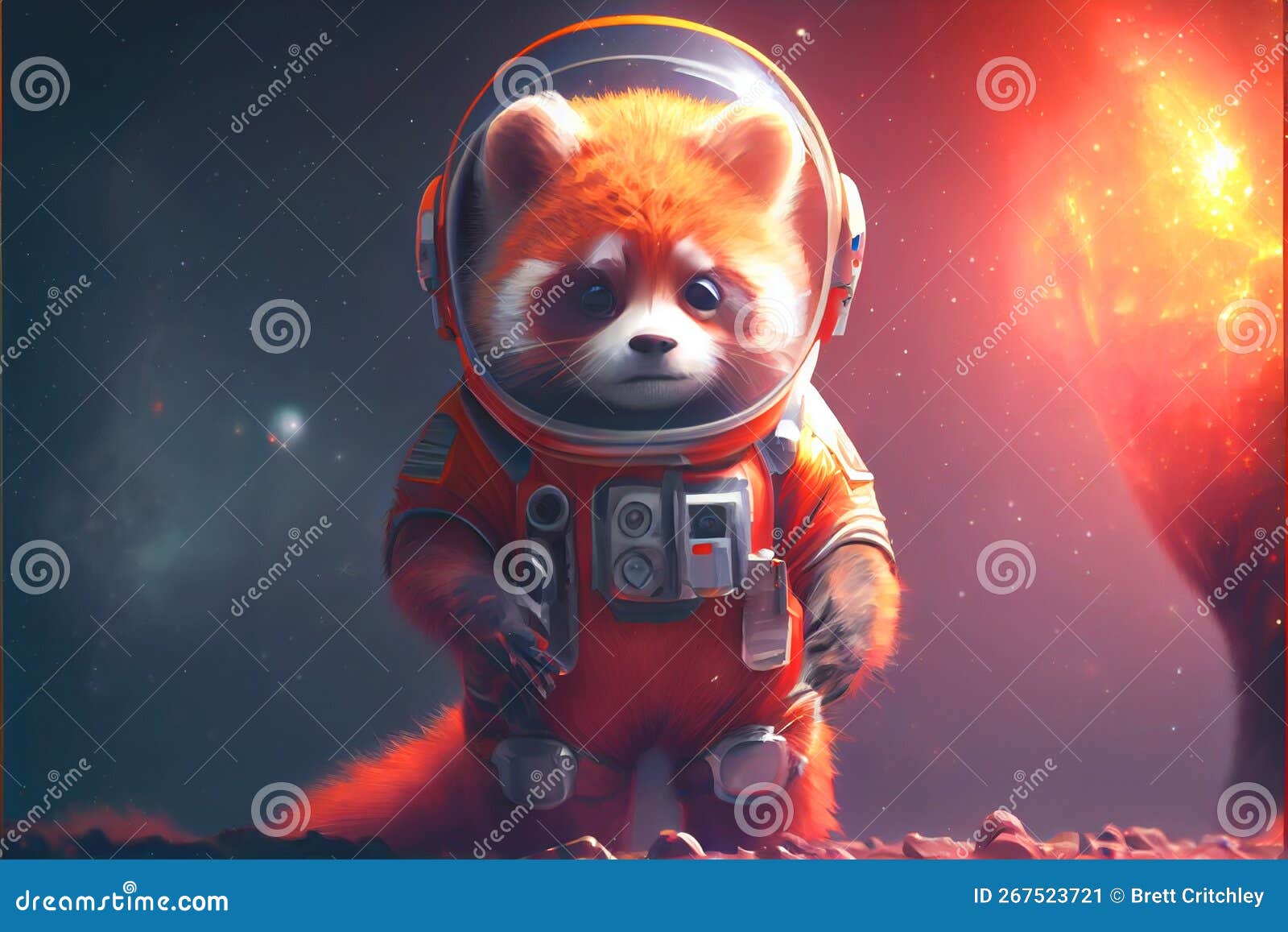 space tourist explorer red panda bear in an orange spacesuit suit