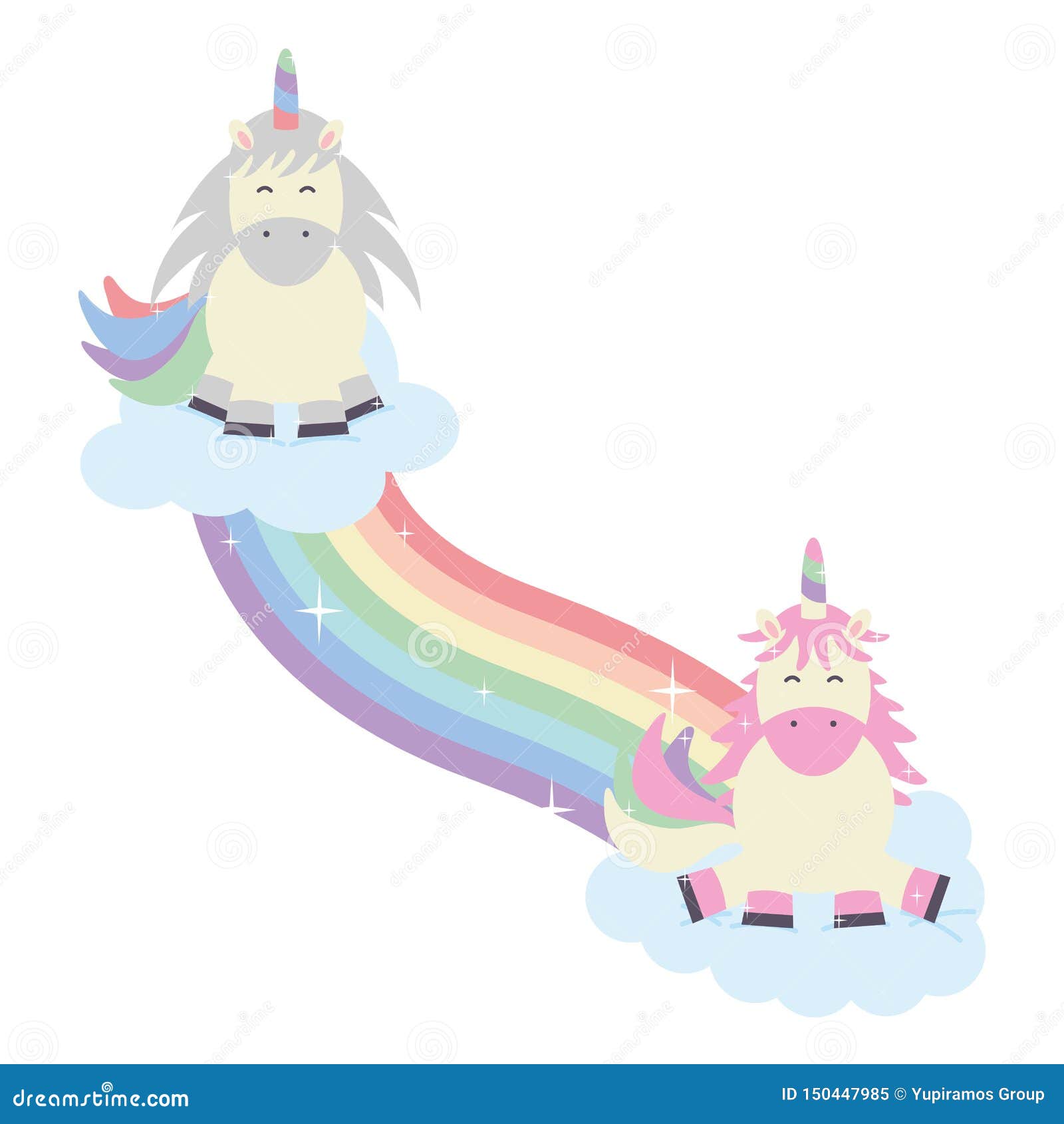 Cute Adorable Unicorns With Clouds And Rainbow Stock Vector