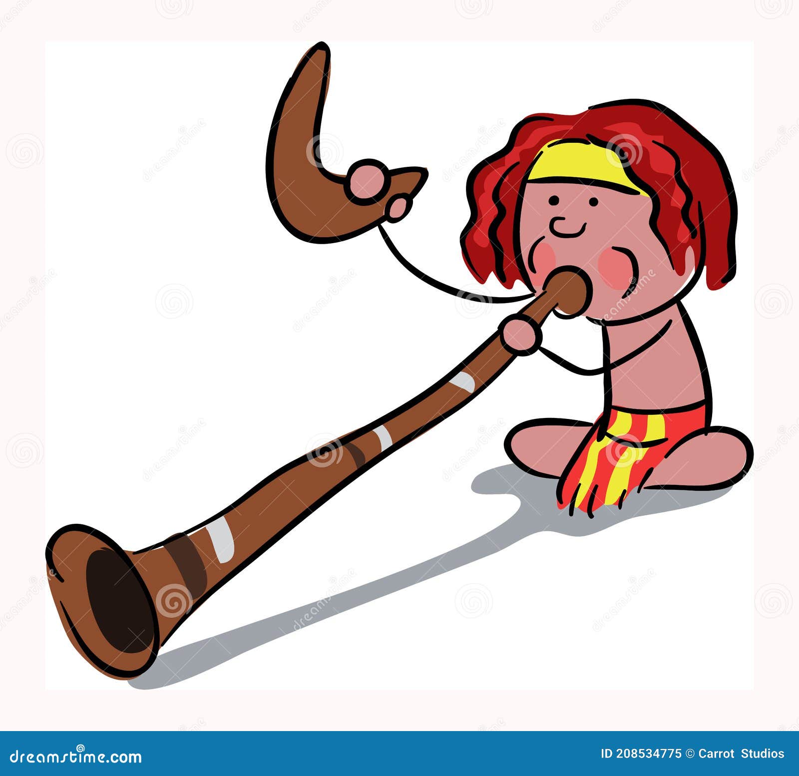 Cute African Aboriginal Boy Plays Didgeridoo Stock Illustration