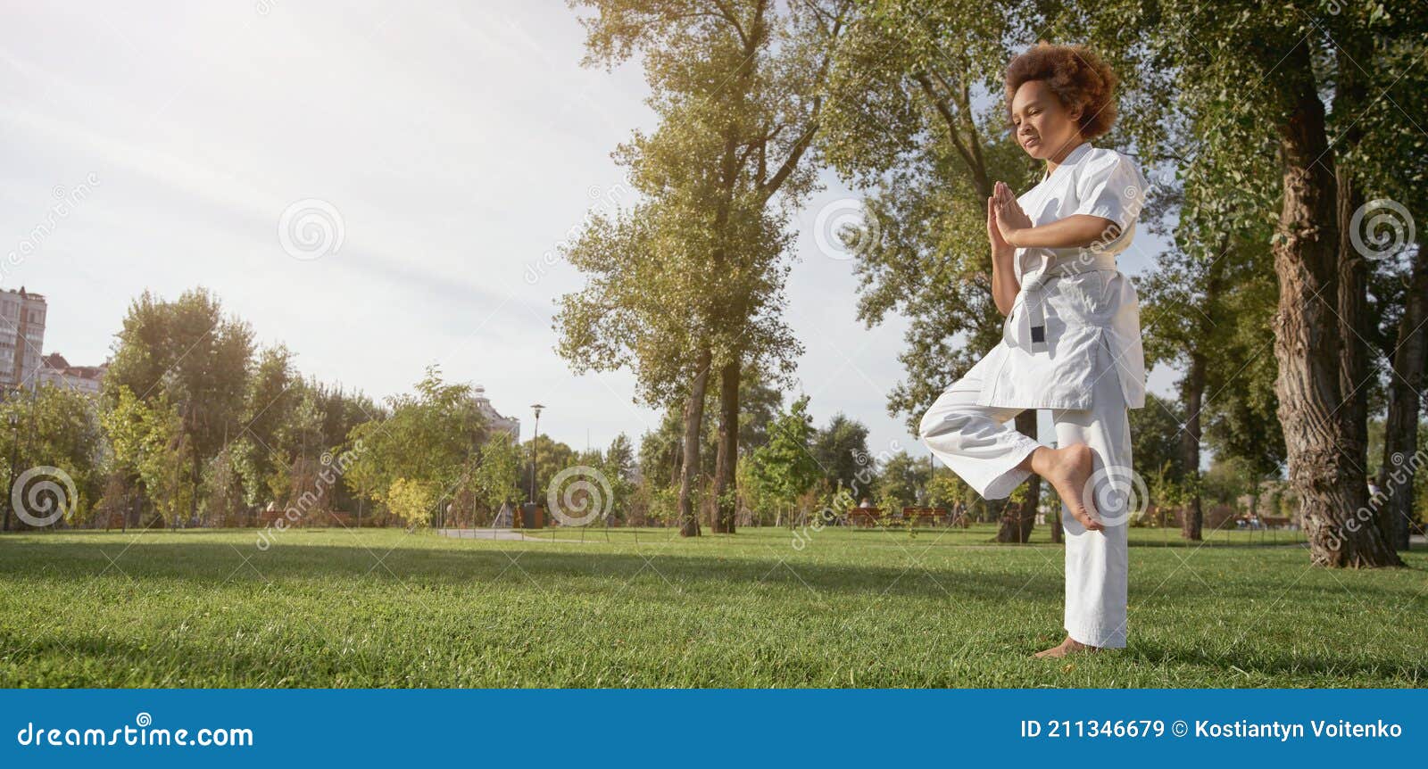 Cute Afro American Girl Karateka Doing Exercise Outdoors Stock Image Image Of Judo Position