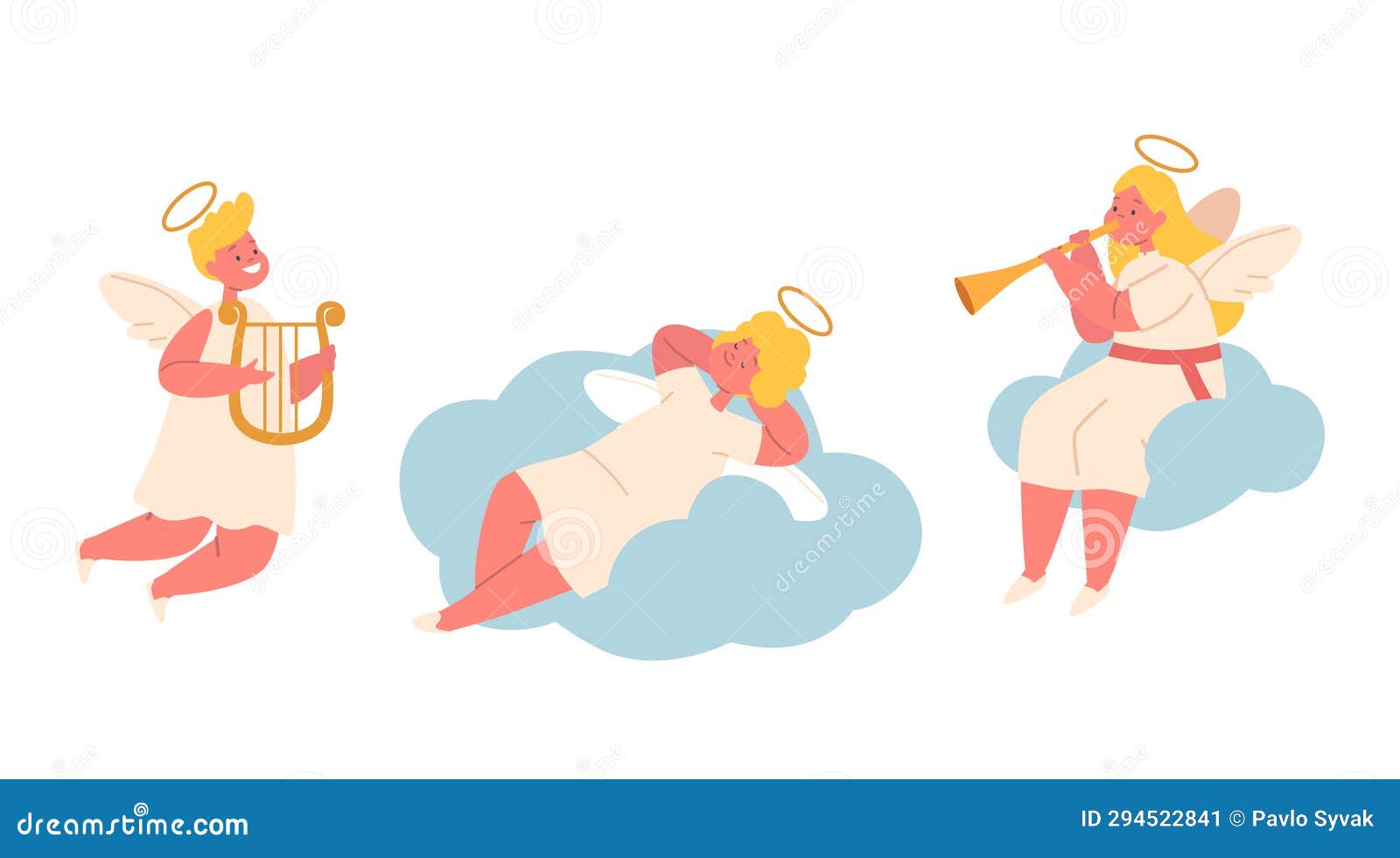 cute angels characters on clouds, cherubic and pure little messengers with harp and trumpet,  