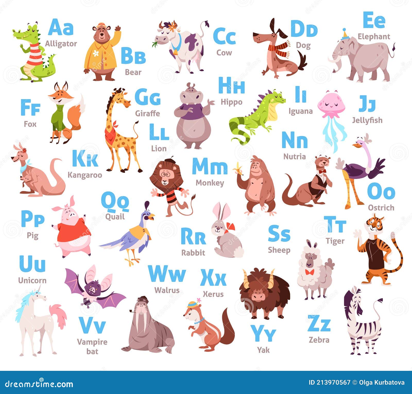 cute animal alphabet. color kids zoological font, letters and corresponding animals. wildlife mammals and birds