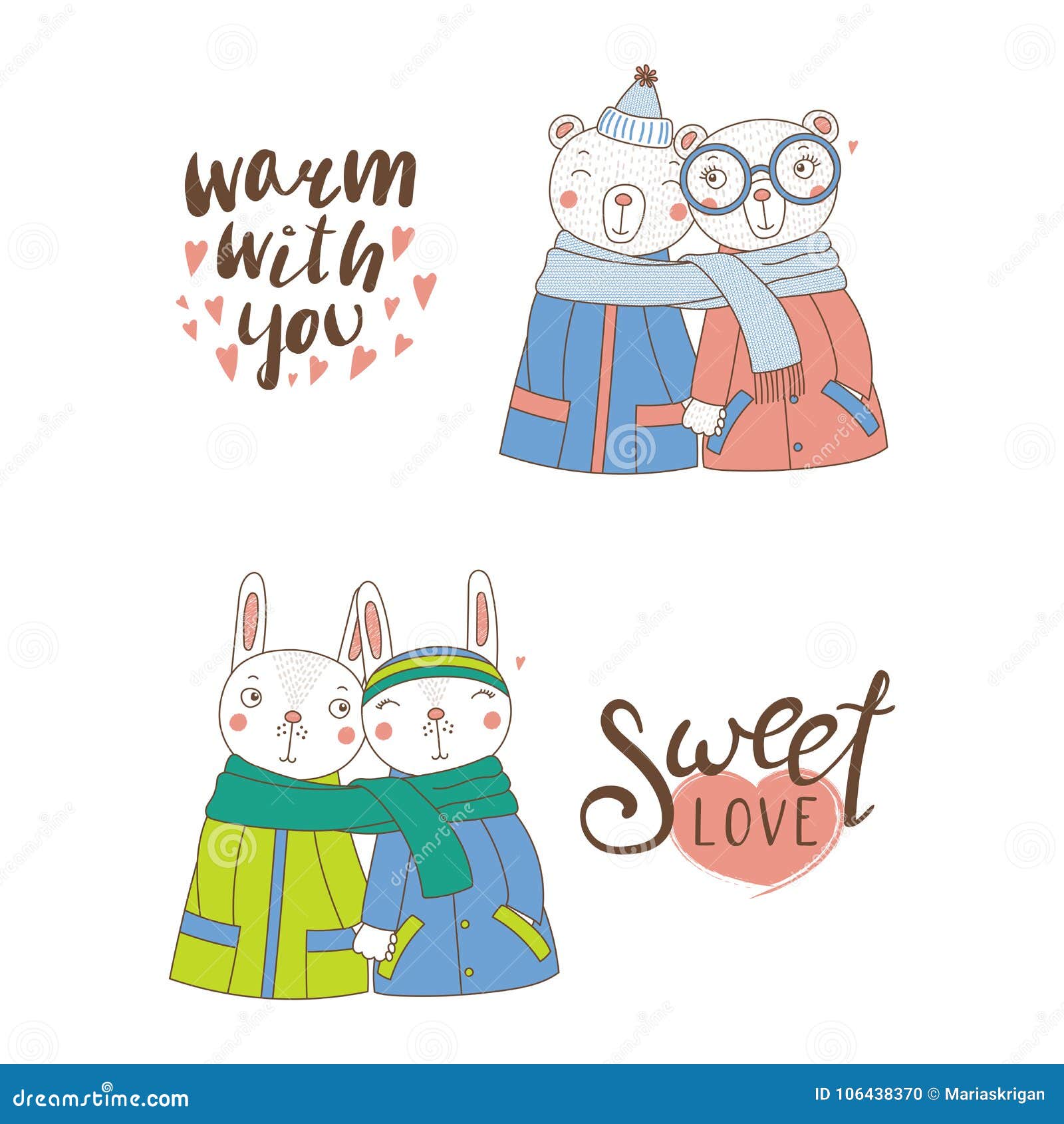 Cute animal couples stock vector. Illustration of holding - 106438370