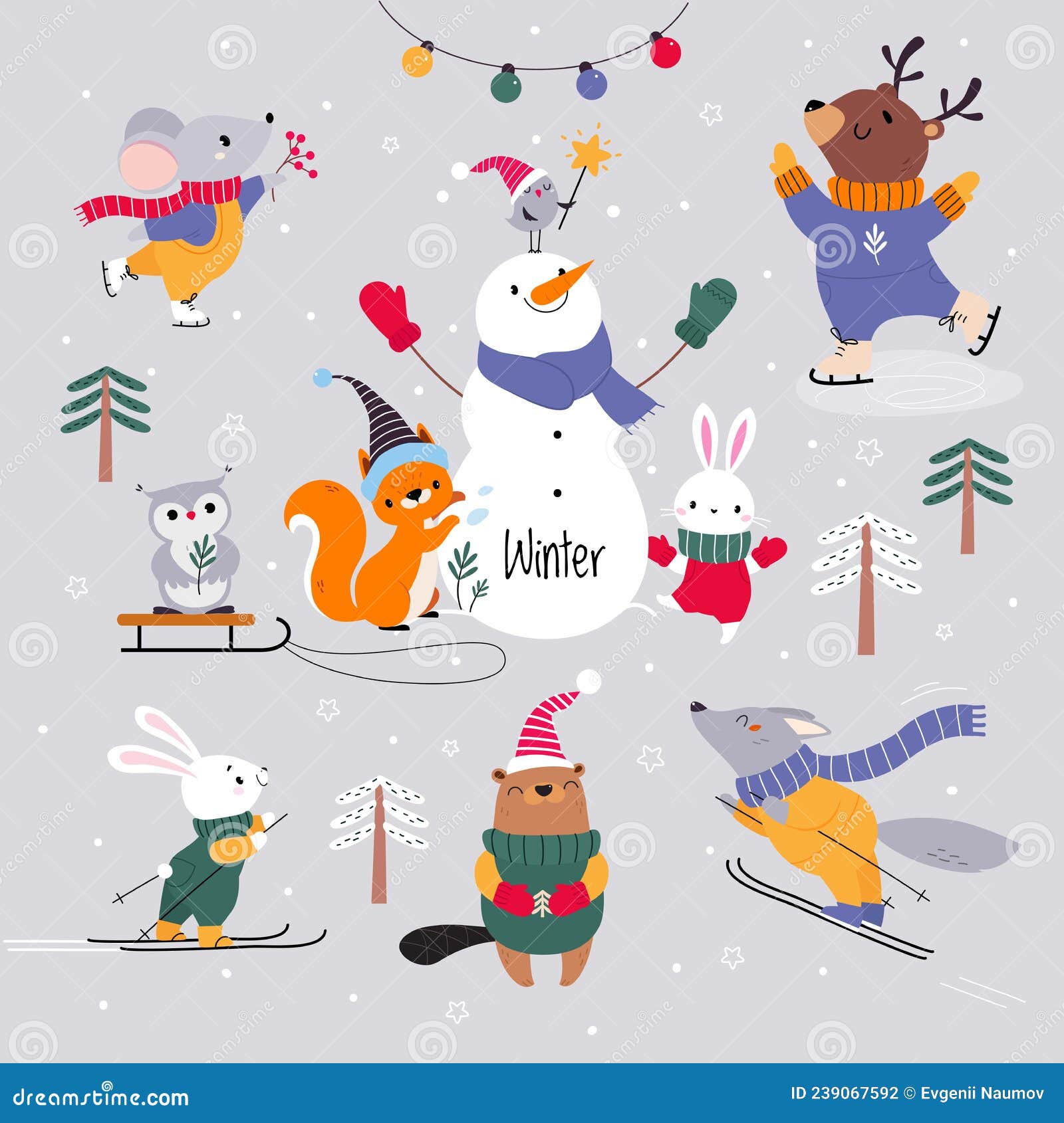 cute animal wearing warm scarf and hat enjoying winter season skiing and ice skating  set