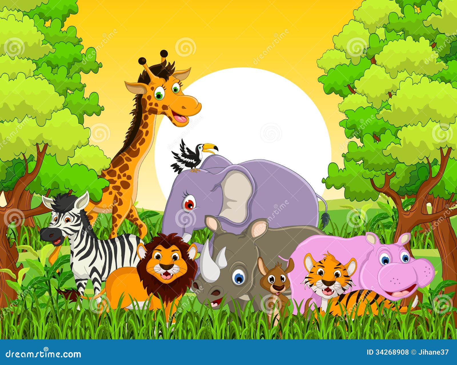 Cute Animal Wildlife Cartoon with Forest Background Stock Illustration -  Illustration of africa, giraffe: 34268908