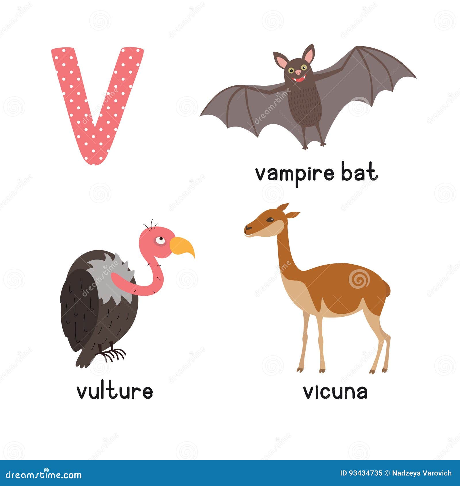 Cute Animal Zoo Alphabet. Letter V for Vulture, Vicuna, Vampire Bat Stock  Vector - Illustration of design, clipart: 93434735