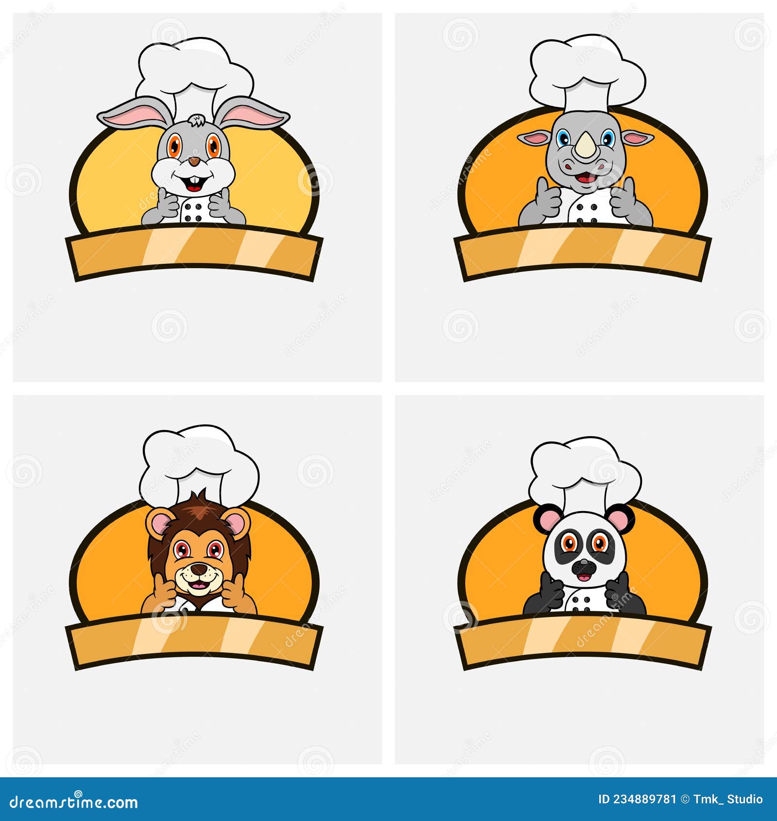 cute animals chef set, wearing hat and cooking theme. rabbit, rhino, lion and panda character , mascot, label, icon and logo