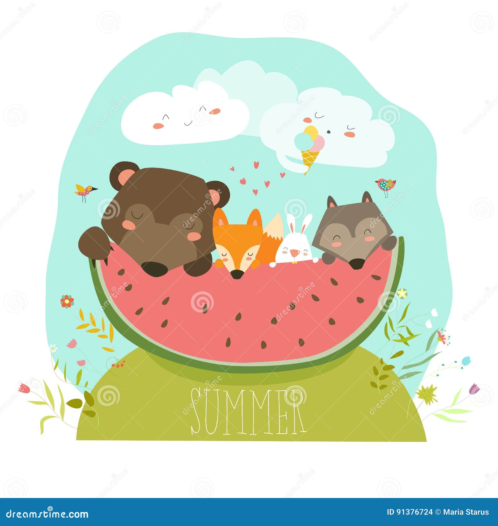 Cute Animals Eating Watermelon Slice. Hello Summer Stock Vector