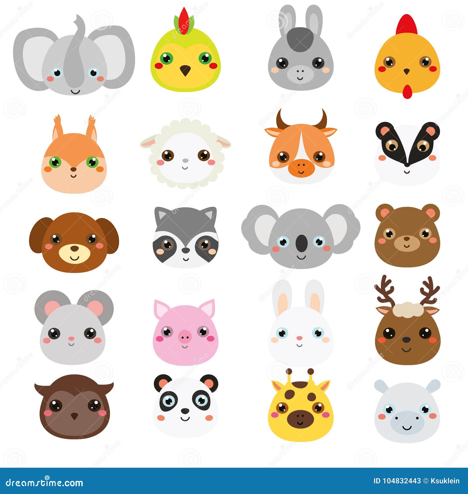 Cute Animals Faces. Big Set of Cartoon Kawaii Wildlife and Farm Animals  Icons Stock Vector - Illustration of animals, kawaii: 104832443