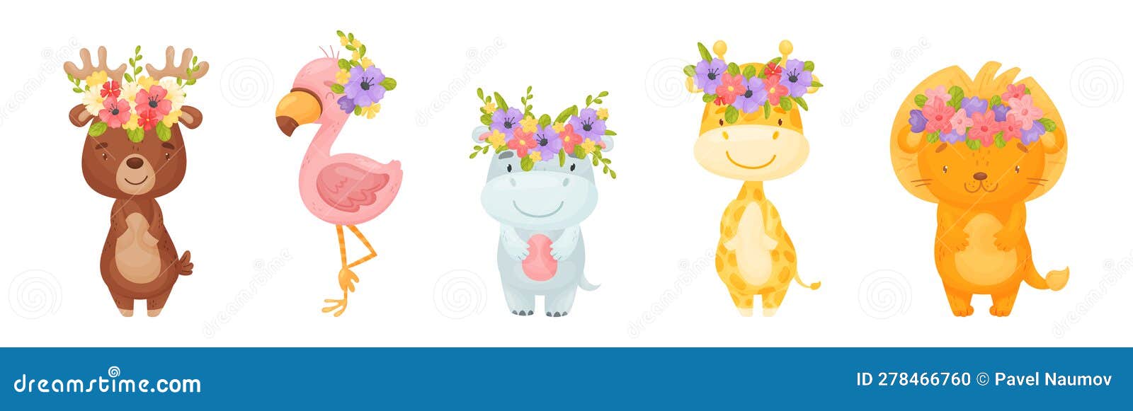 Cute Animals with Flower Wreath and Adornment on Their Head Vector Set ...