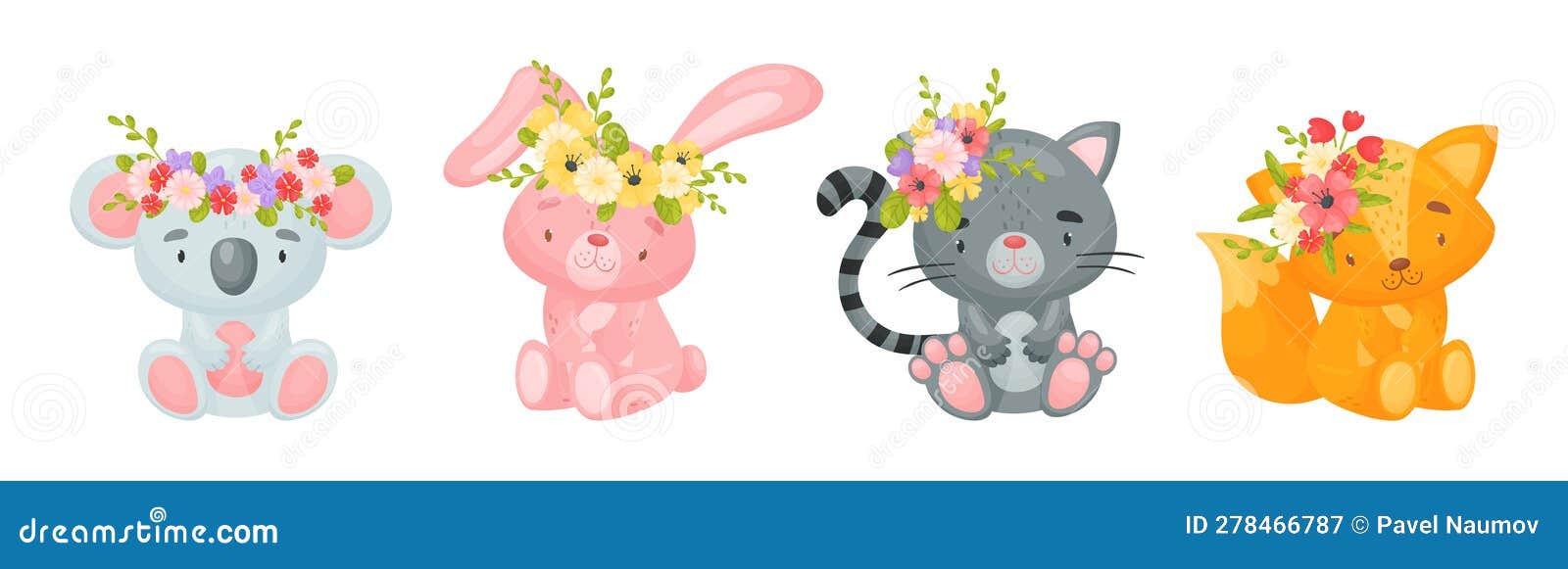 Cute Animals with Flower Wreath and Adornment on Their Head Vector Set ...